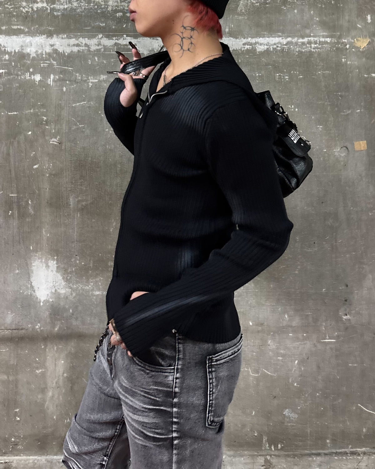 受注制【Never mind the XU】SPRAY WASH ZIP KNIT HOODIE (2color)