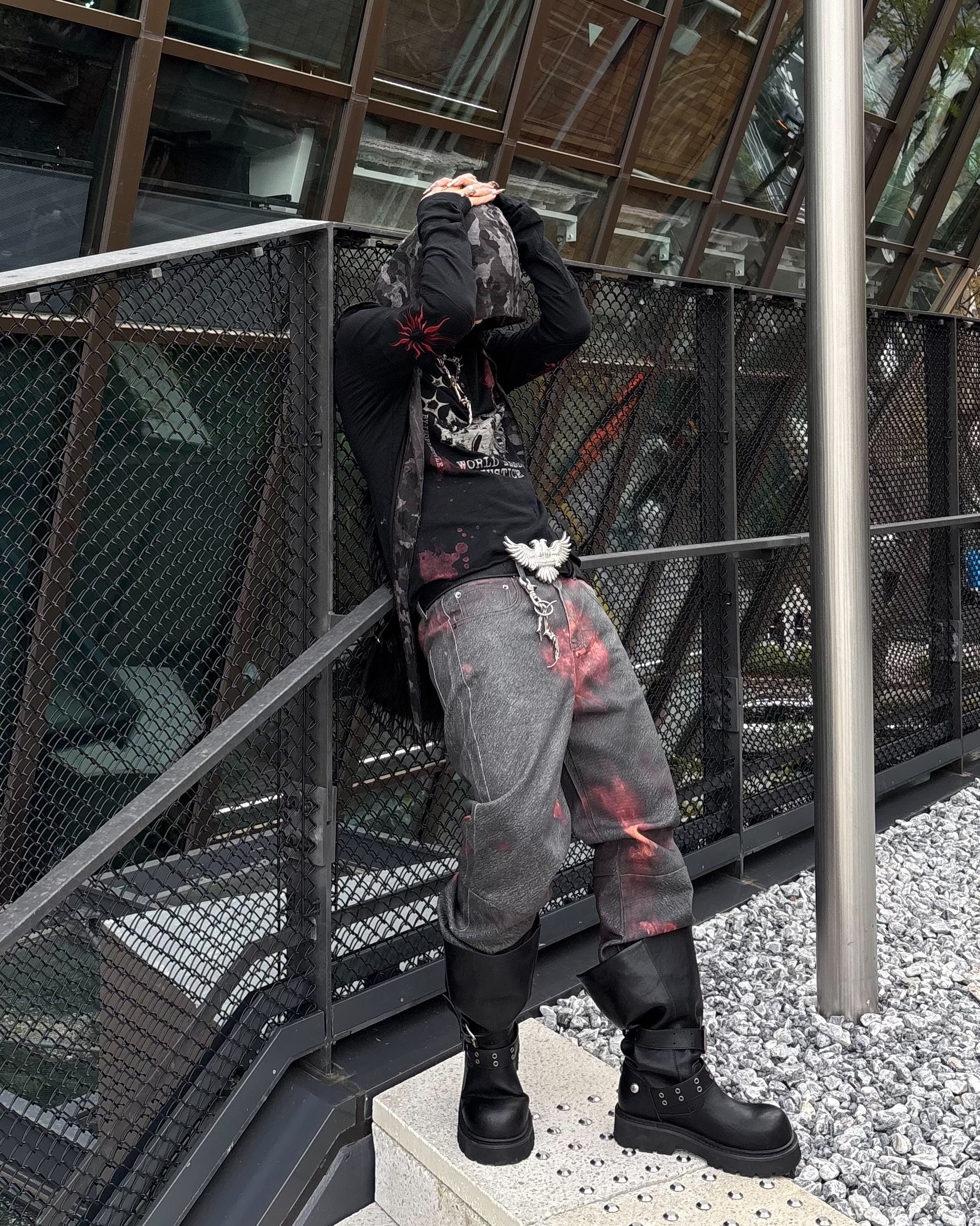 国際配送【Never mind the XU】paint graphic henley long sleeve