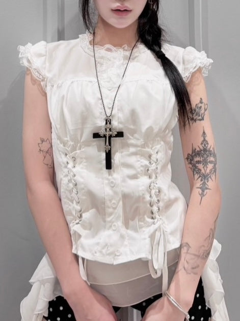 受注制【nmtc+】Eyelet Lace Shirring Crop Blouse