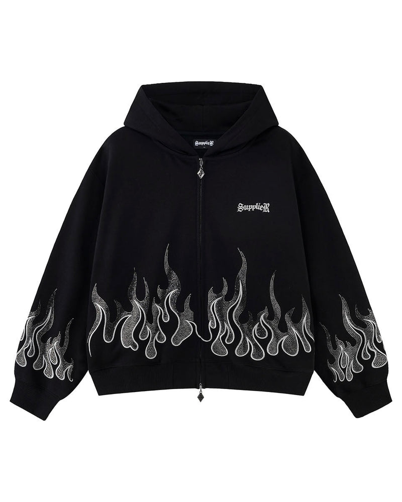 【SUPPLIER】Fire Pattern Rhinestone Zip Hoodie