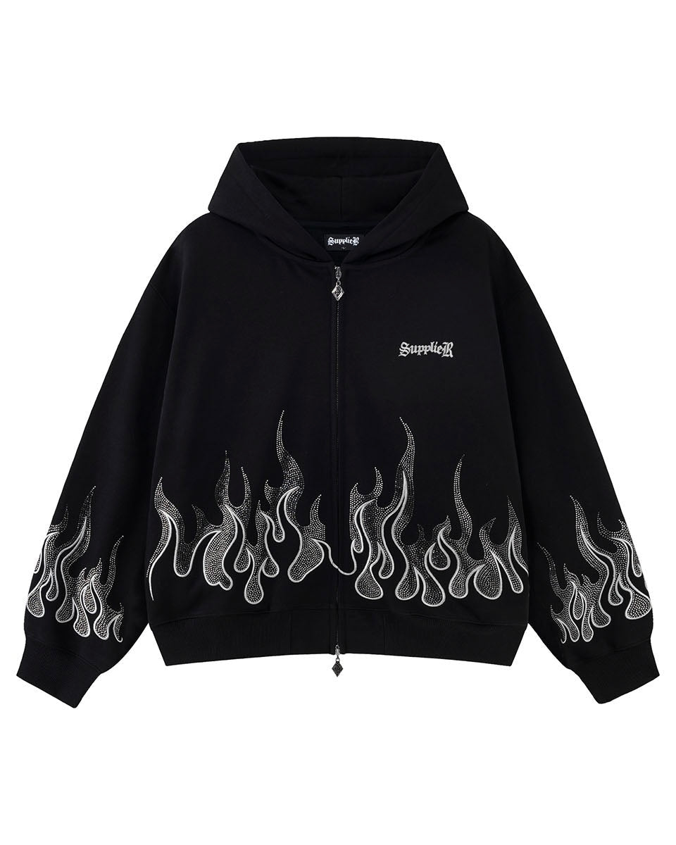 【SUPPLIER】Fire Pattern Rhinestone Zip Hoodie