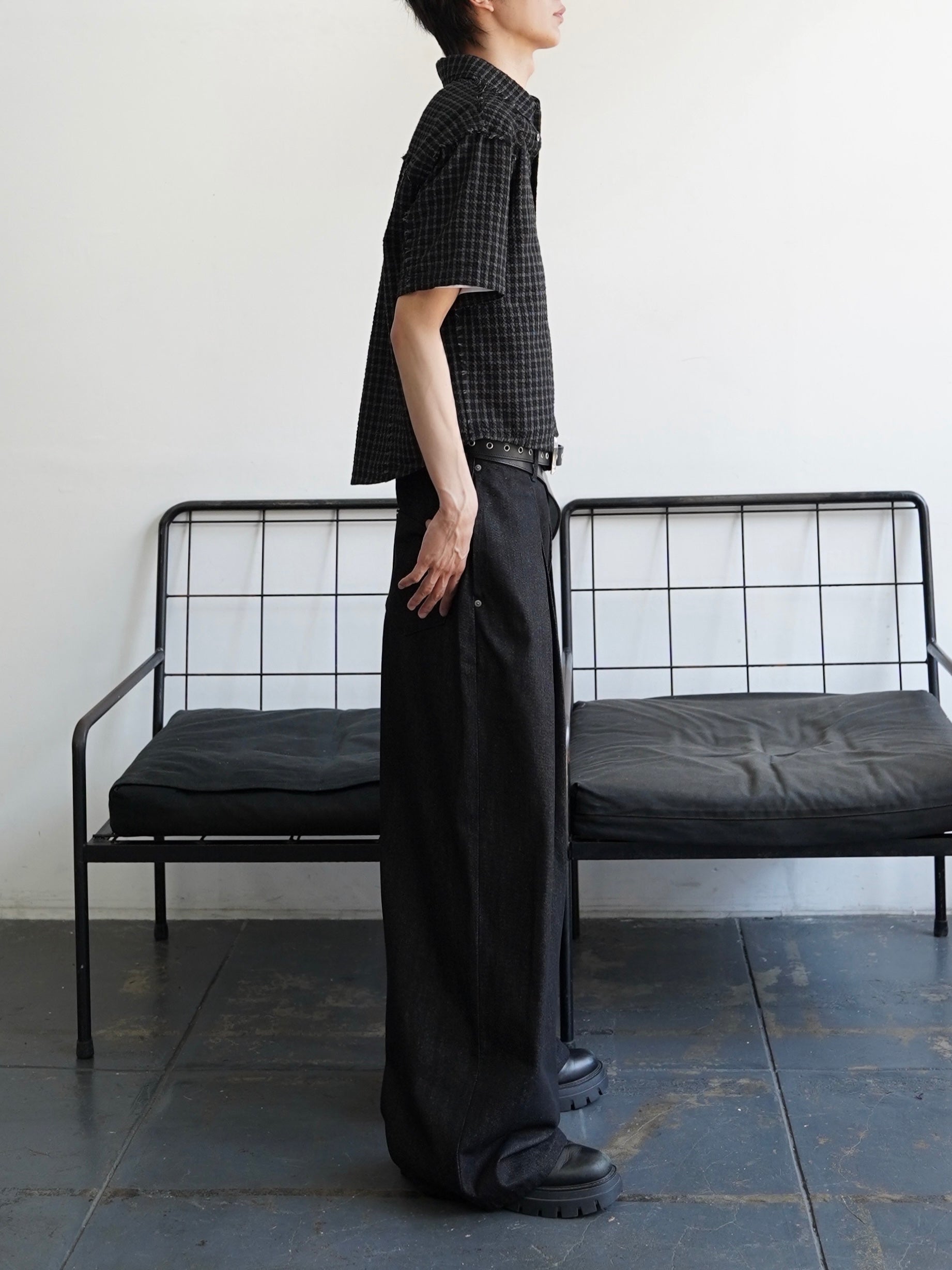 5/23 20:00発売【CHIKASHITSU PLUS HIGH】Raw edge seersucker check shirt