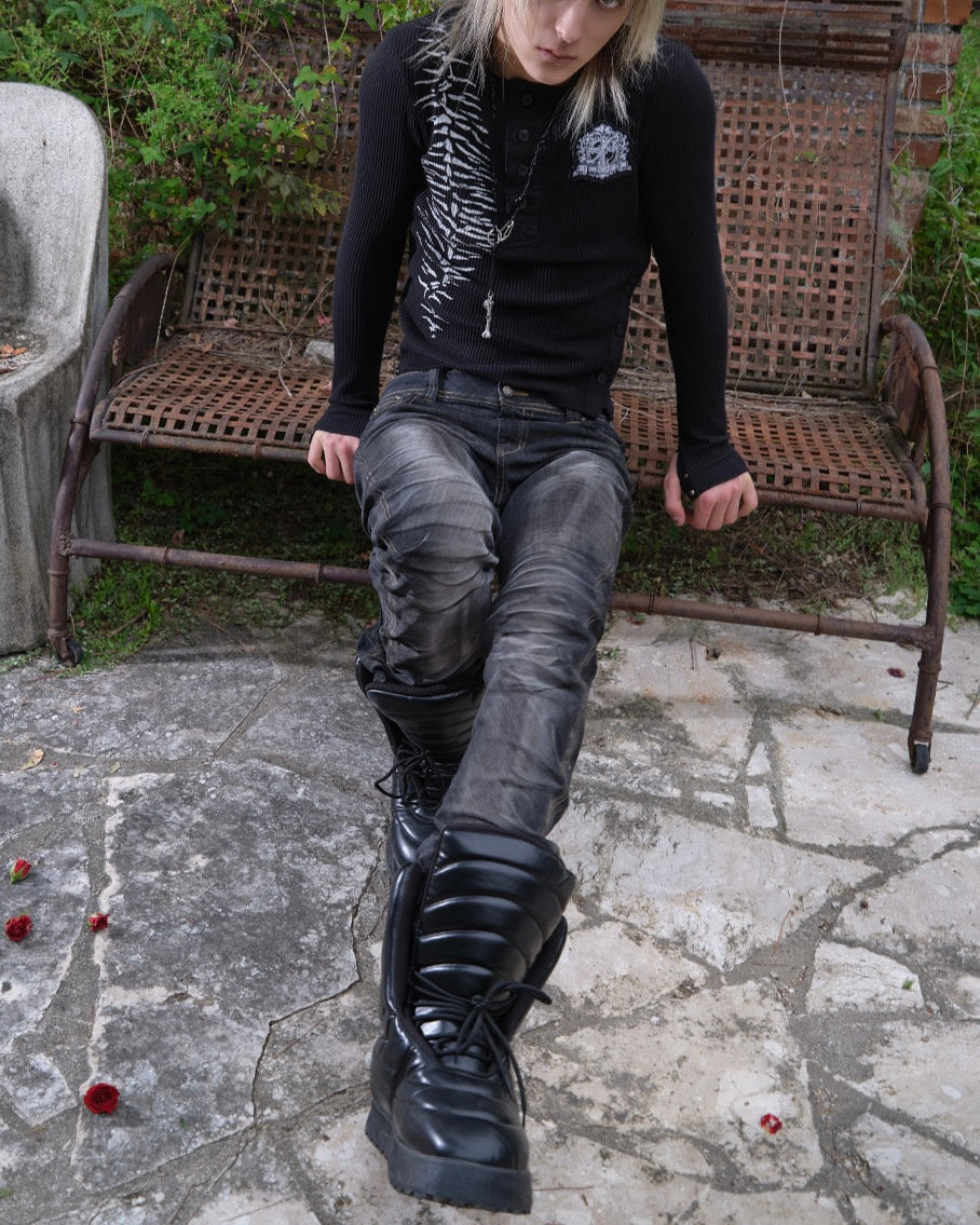 【LECYTO】Glitch Washed Curved Denim Pants