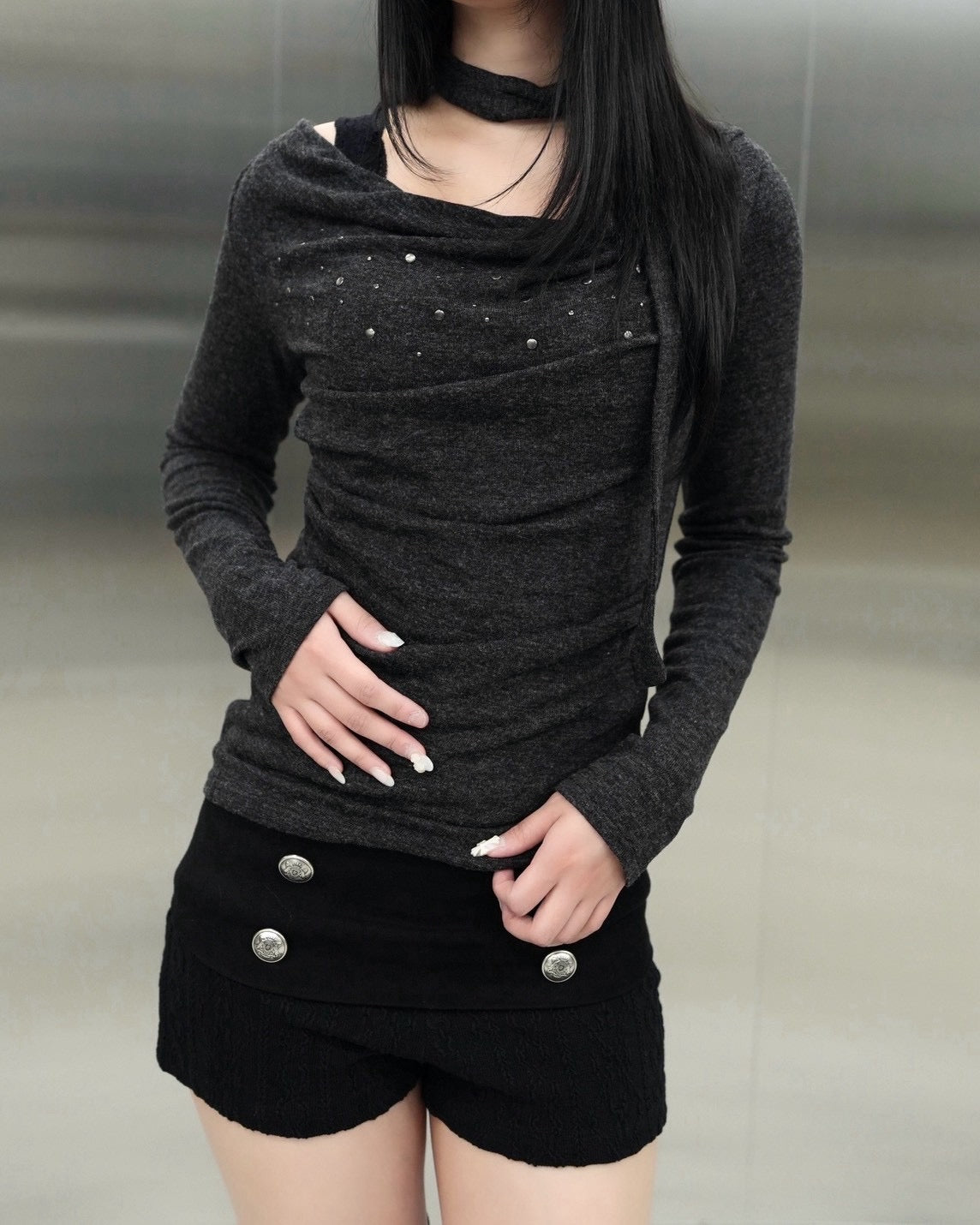 受注制【Never mind the XU】Draped ruched tie set top (4color)