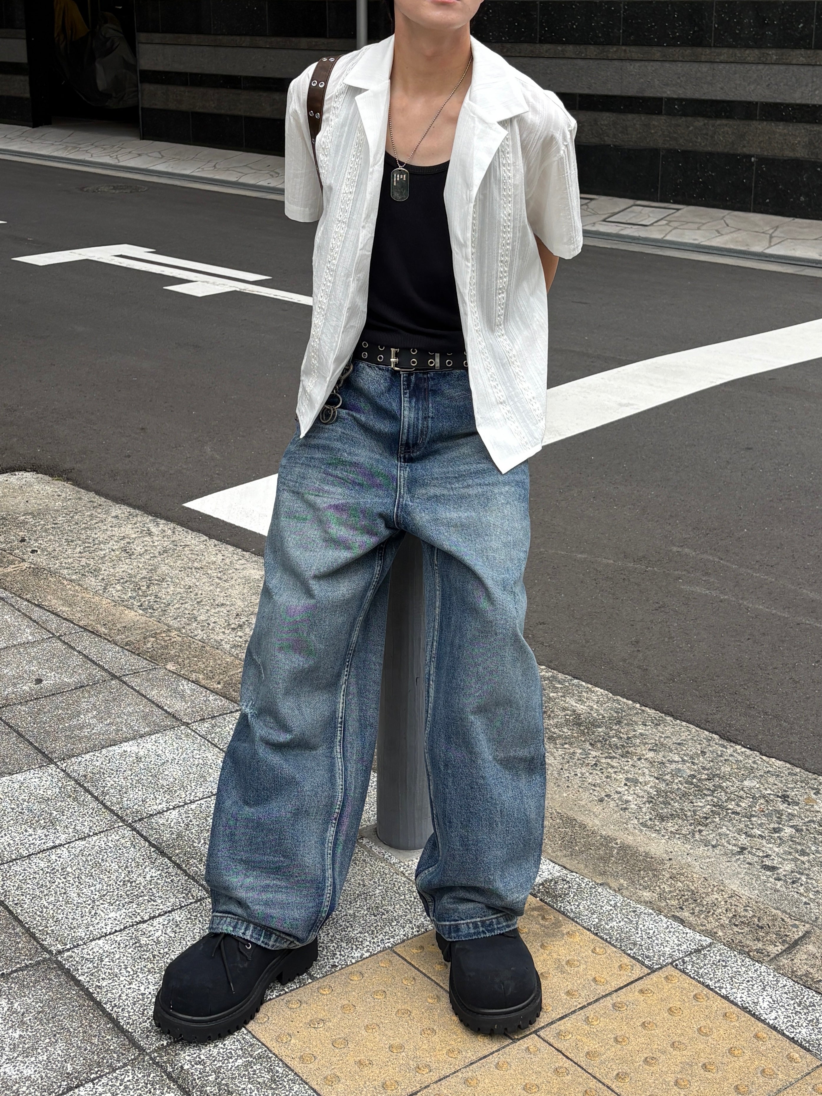 大阪店WEB限定受注制【Chikashitsu +】perforated open collar shirt (2color)