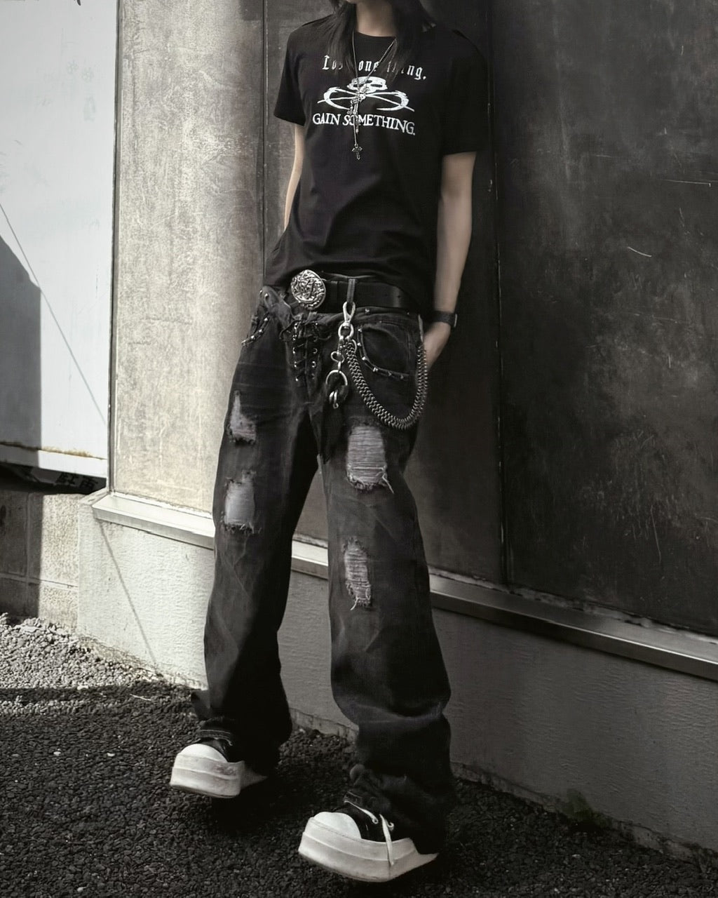 国際配送【Never mind the XU】Double waist  laceup flare denim pants