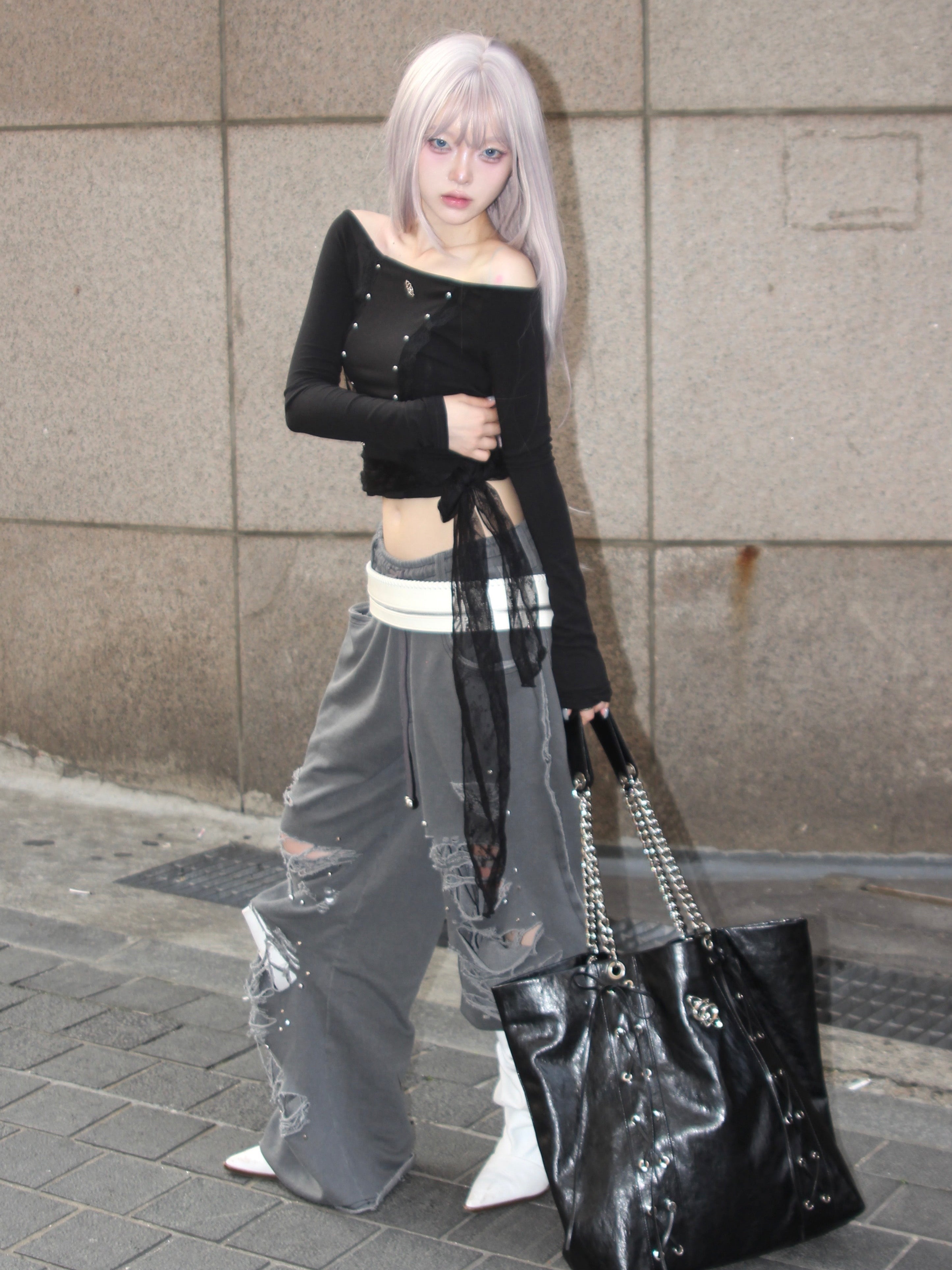 【CHERRYQUIRI】damage stud jogger pt