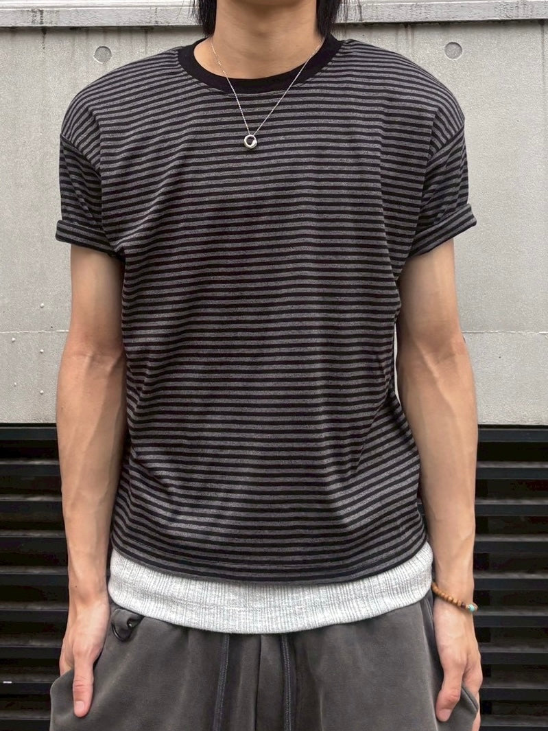 7/4 20:00発売 受注制【nmtc +】Stripe Contrast Semi Crop Tee (2color)