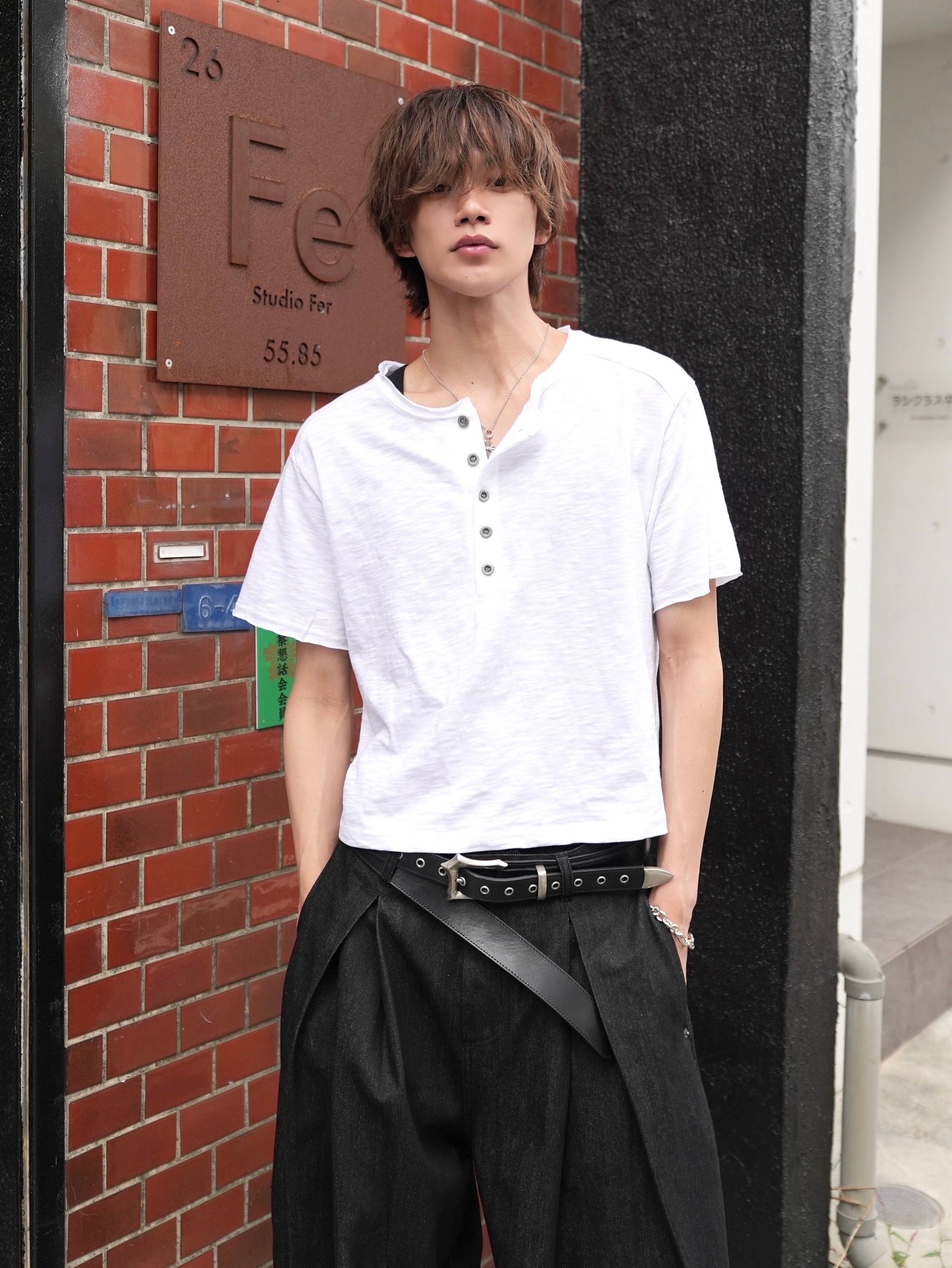 【CHIKASHITSU PLUS HIGH】Steel button short sleeve henley tee (2color)