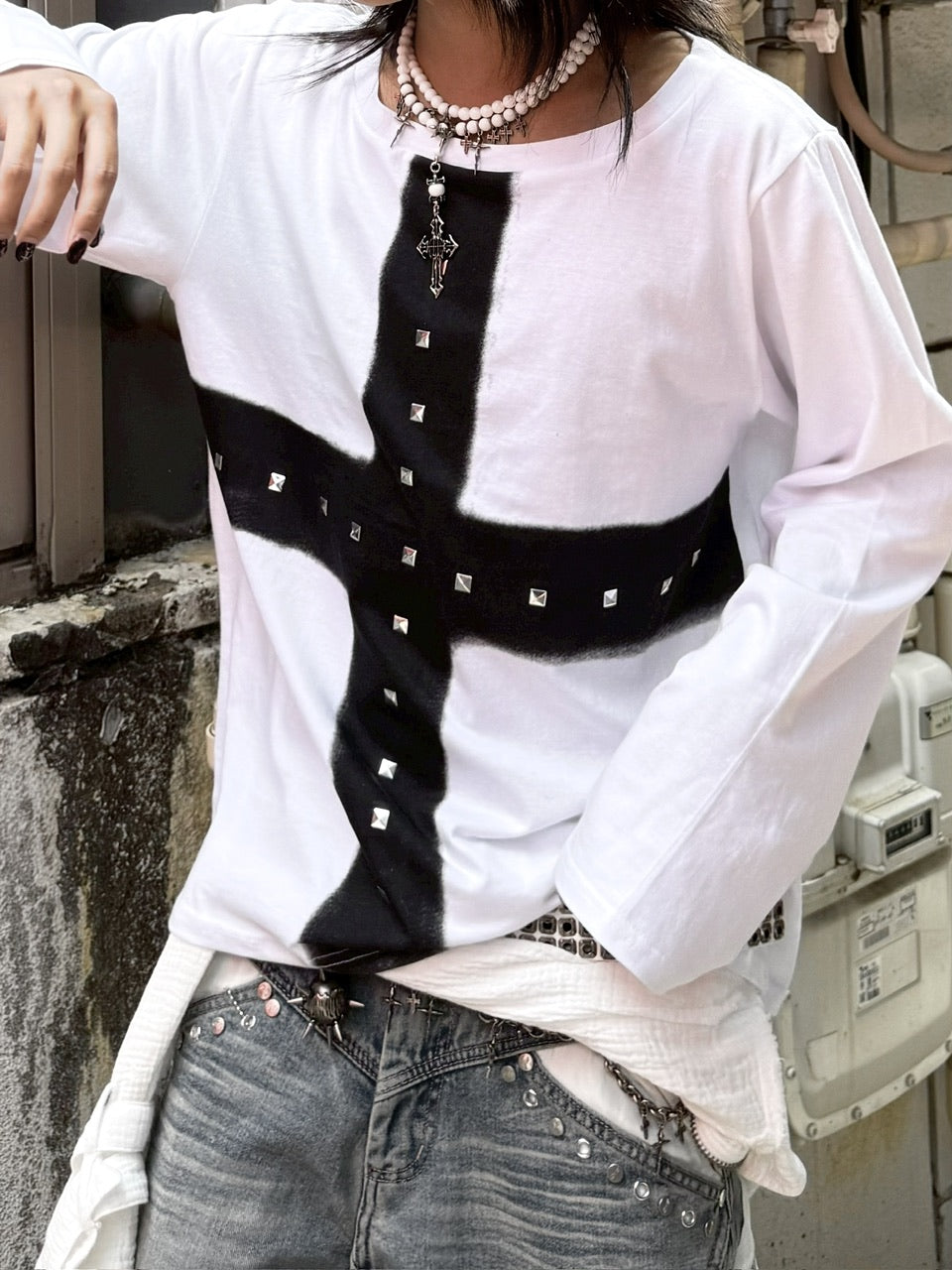 受注制【Never mind the XU】cross print long sleeve (2color)