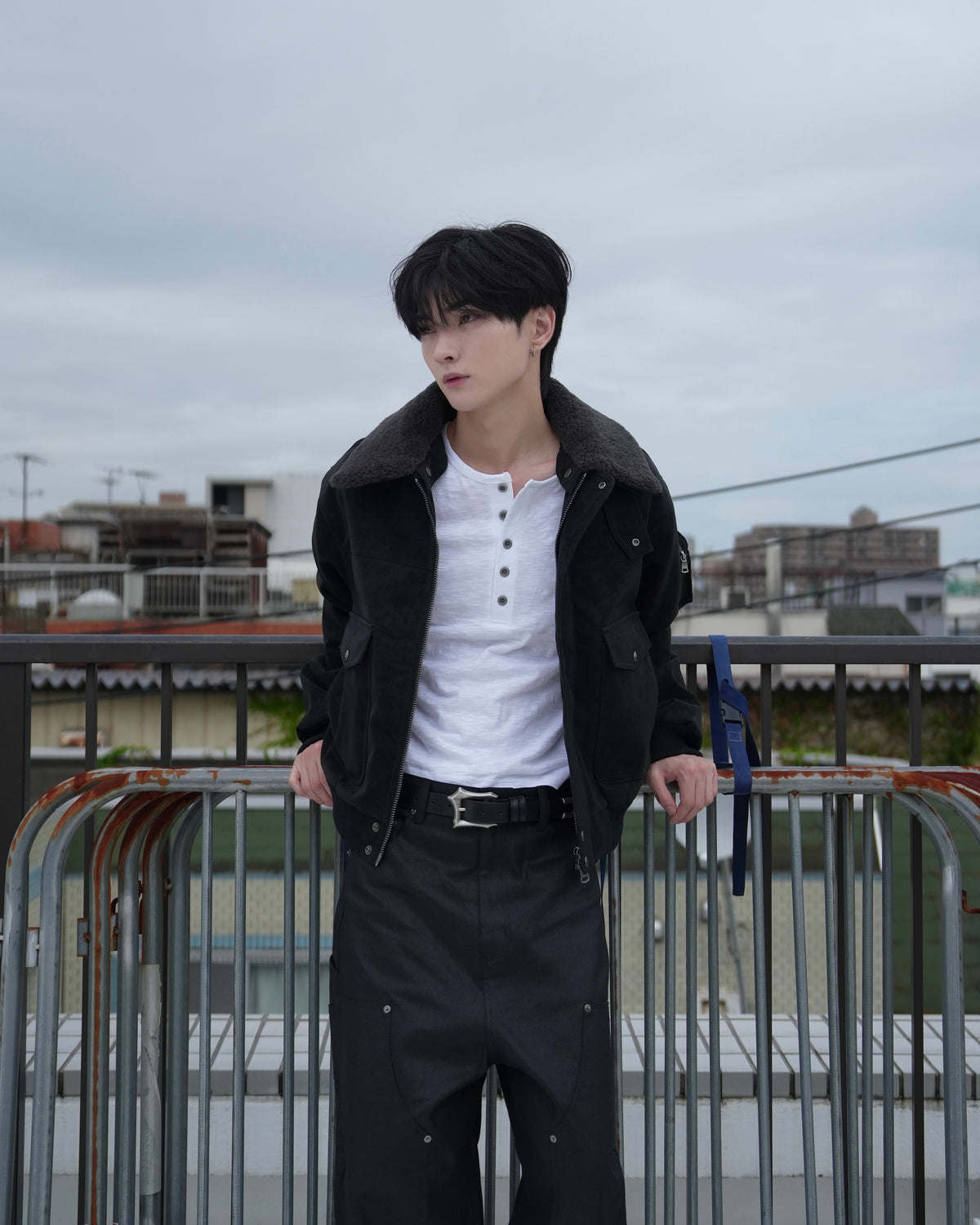 【CHIKASHITSU PLUS HIGH】Boa collar faux leather flight jacket