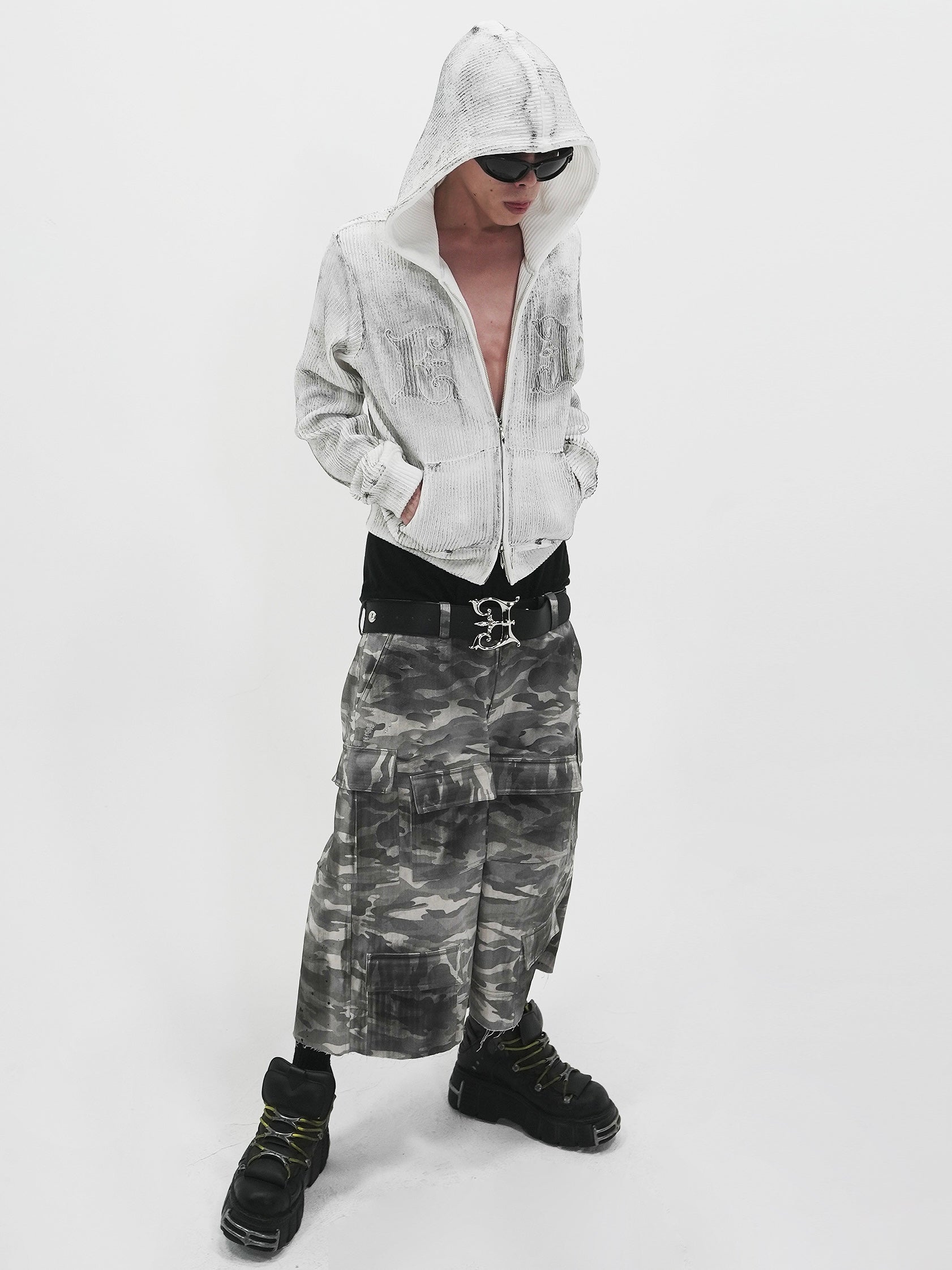【E RIN AI E】GEMINI ASH KNIT HOODIE ZIP UP