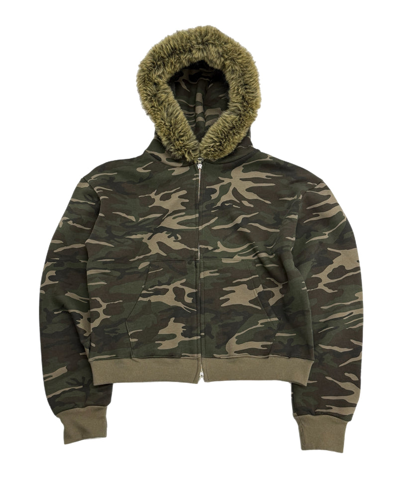 受注制【Chikashitsu +】cropped camouflage fur zip hoodie (2color)
