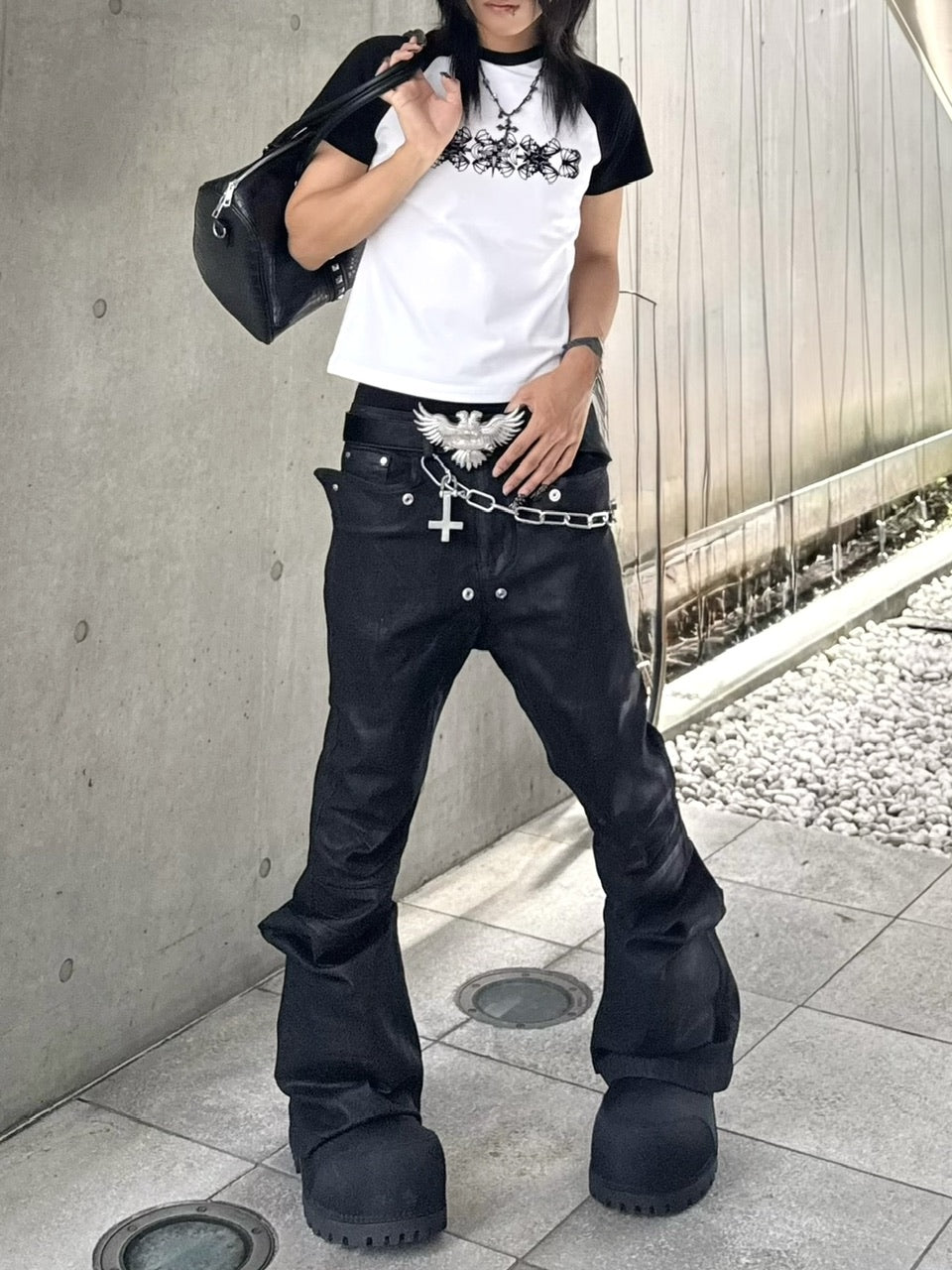国際配送【Never mind the XU】coating black bell bottom flare pants