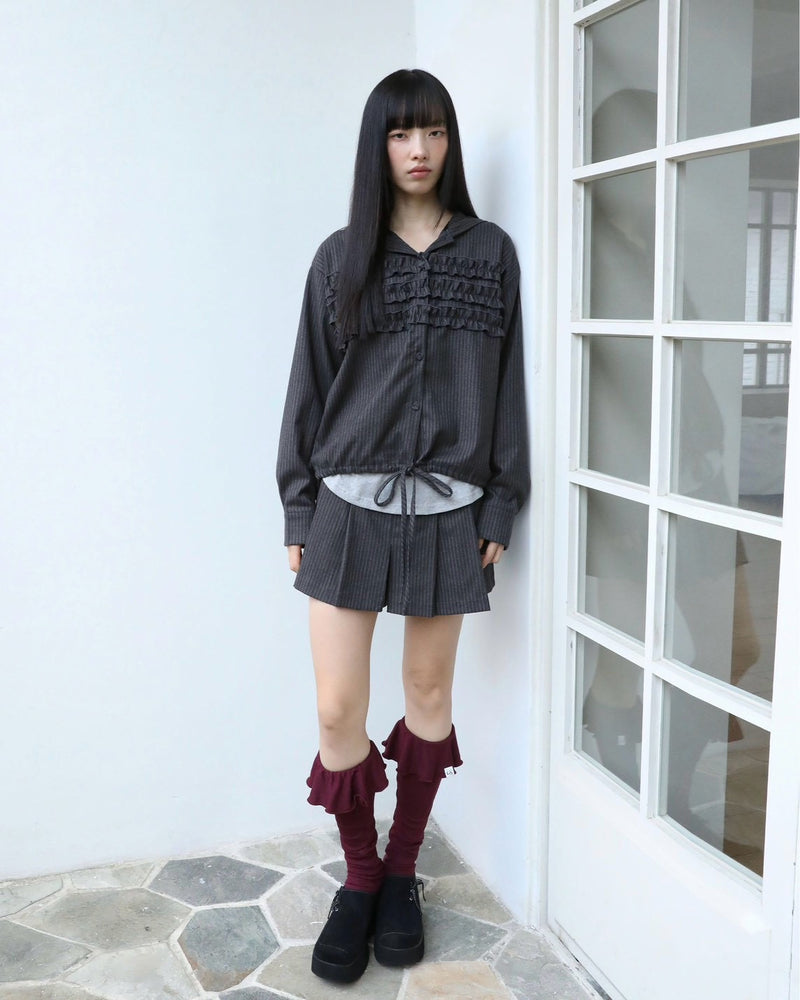 【Uglyshadow】STRIPE RUFFLE HOODED SHIRT