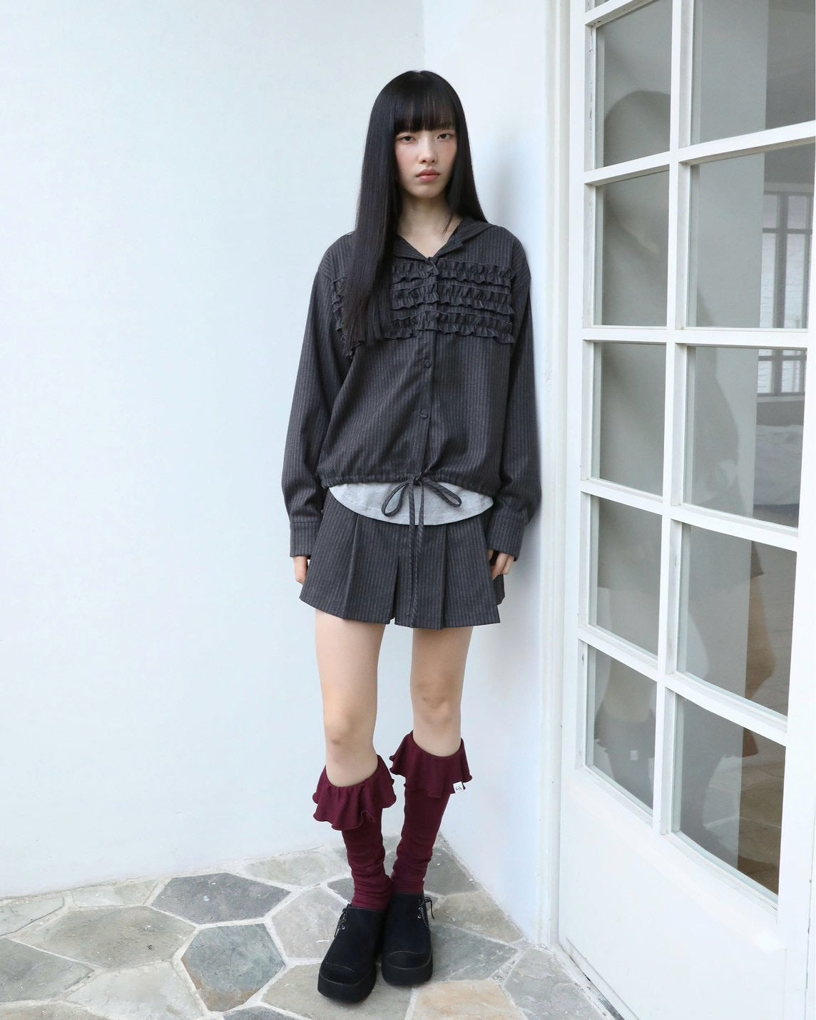 【Uglyshadow】STRIPE RUFFLE HOODED SHIRT