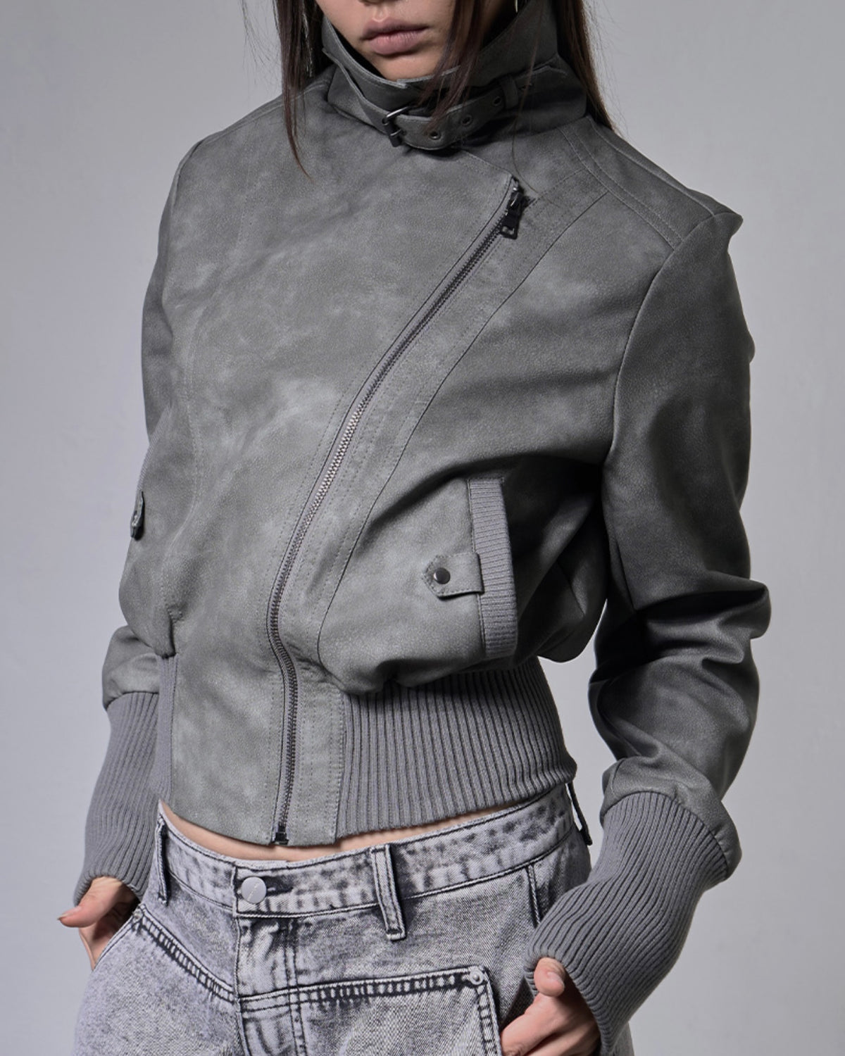 【FANCY CLUB】HIGH-NECK RIBBED LEATHER JACKET