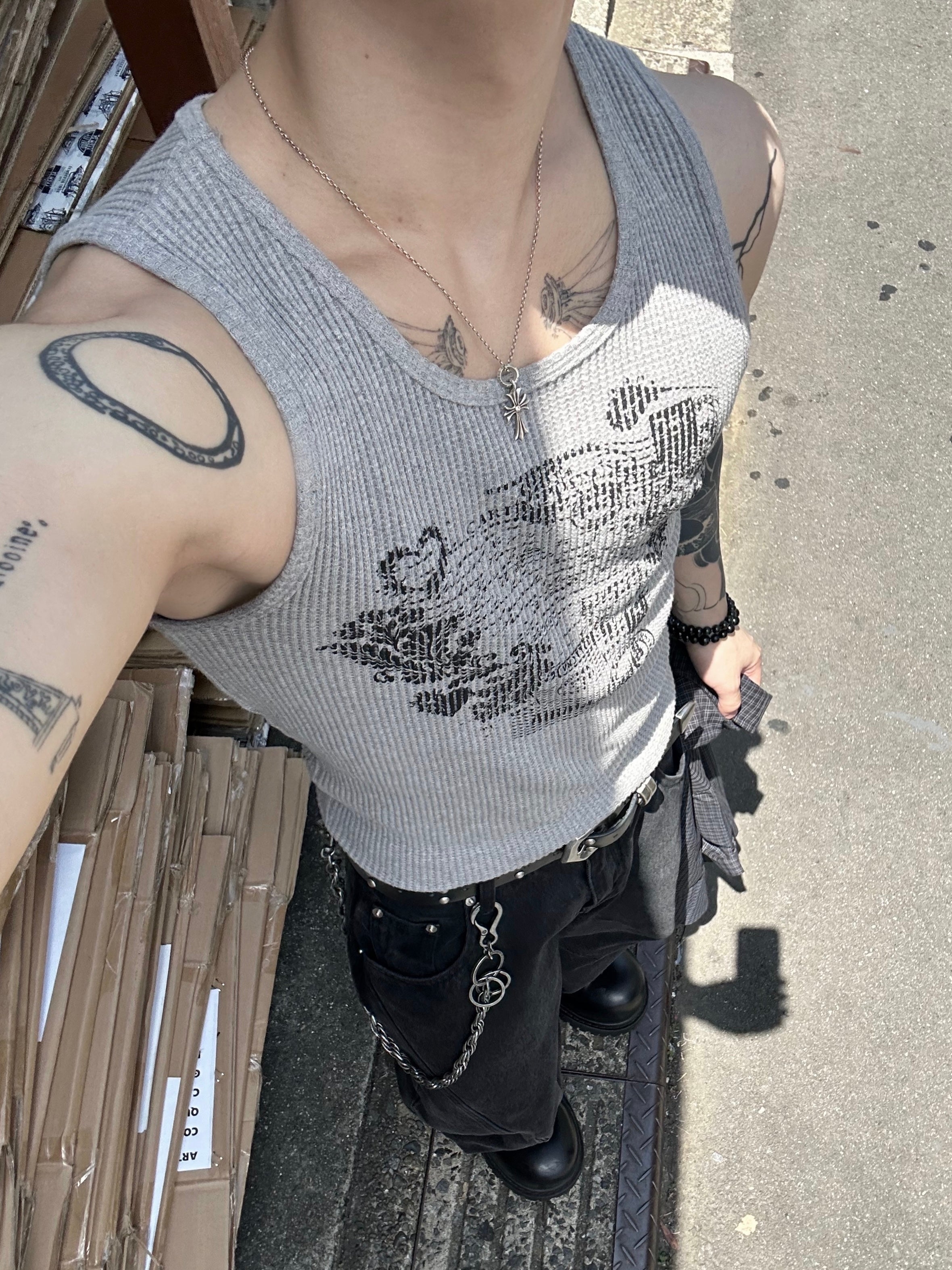 大阪店WEB限定受注制【Chikashitsu +】graphic waffle tank (2color)