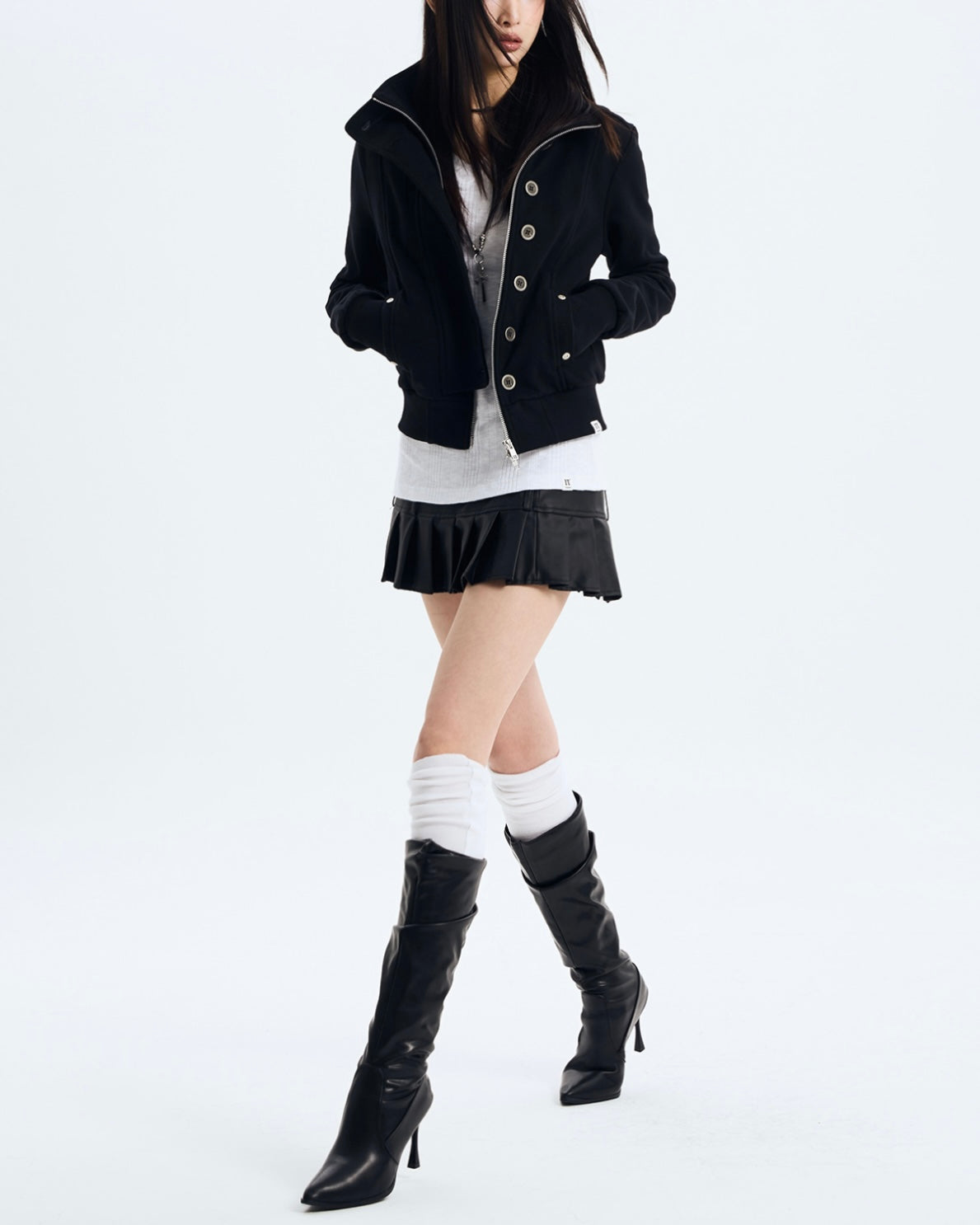 【NOT KNOWING】Button High Neck Zip Up