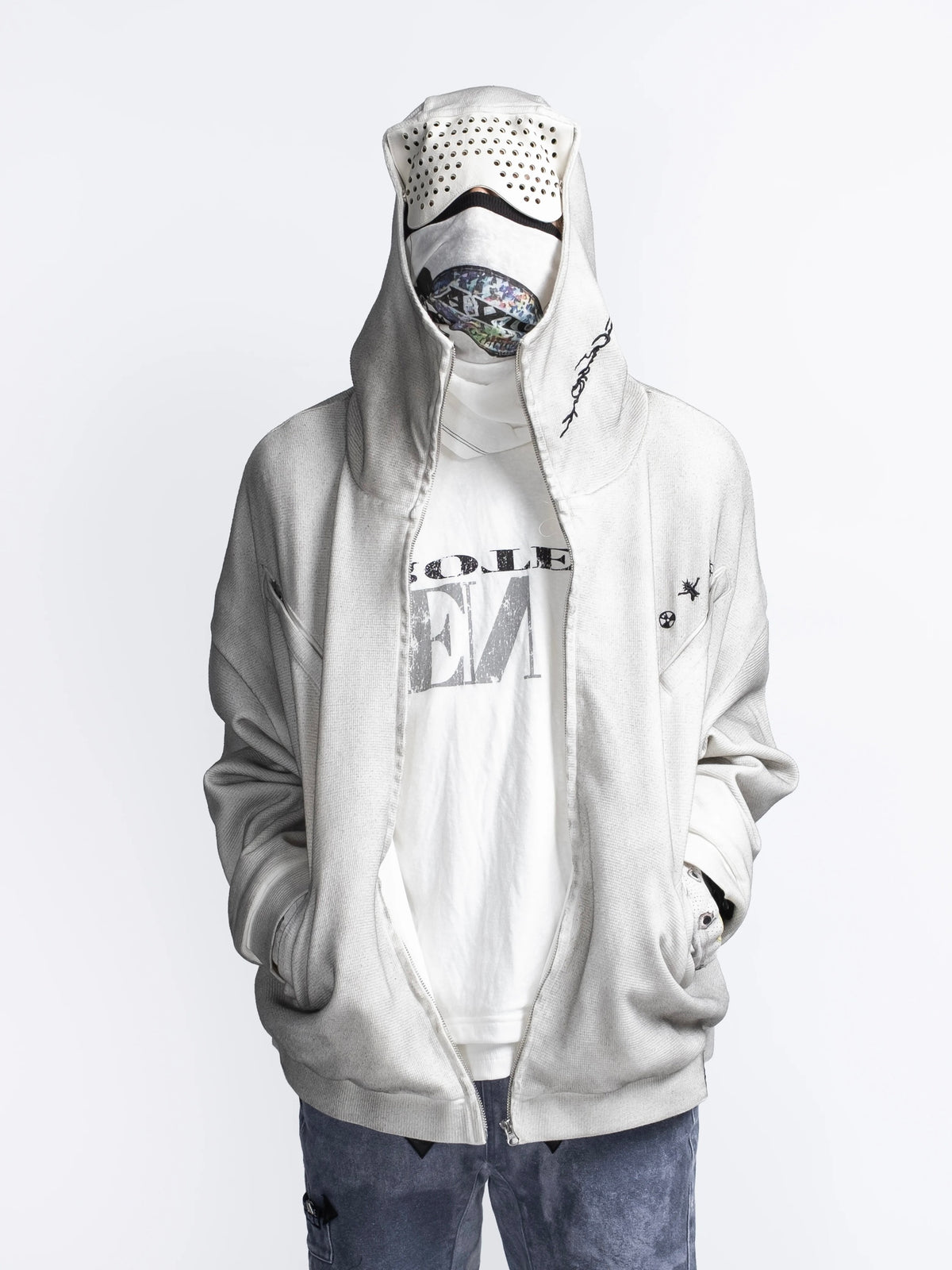 【F.V.V.O】Waffle Embroidered Mask Oversized Zip Hoodie