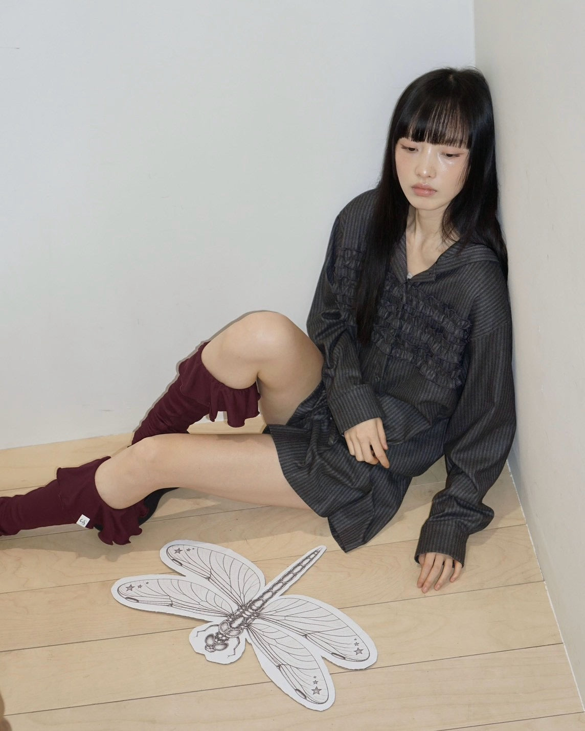 【Uglyshadow】STRIPE RUFFLE HOODED SHIRT
