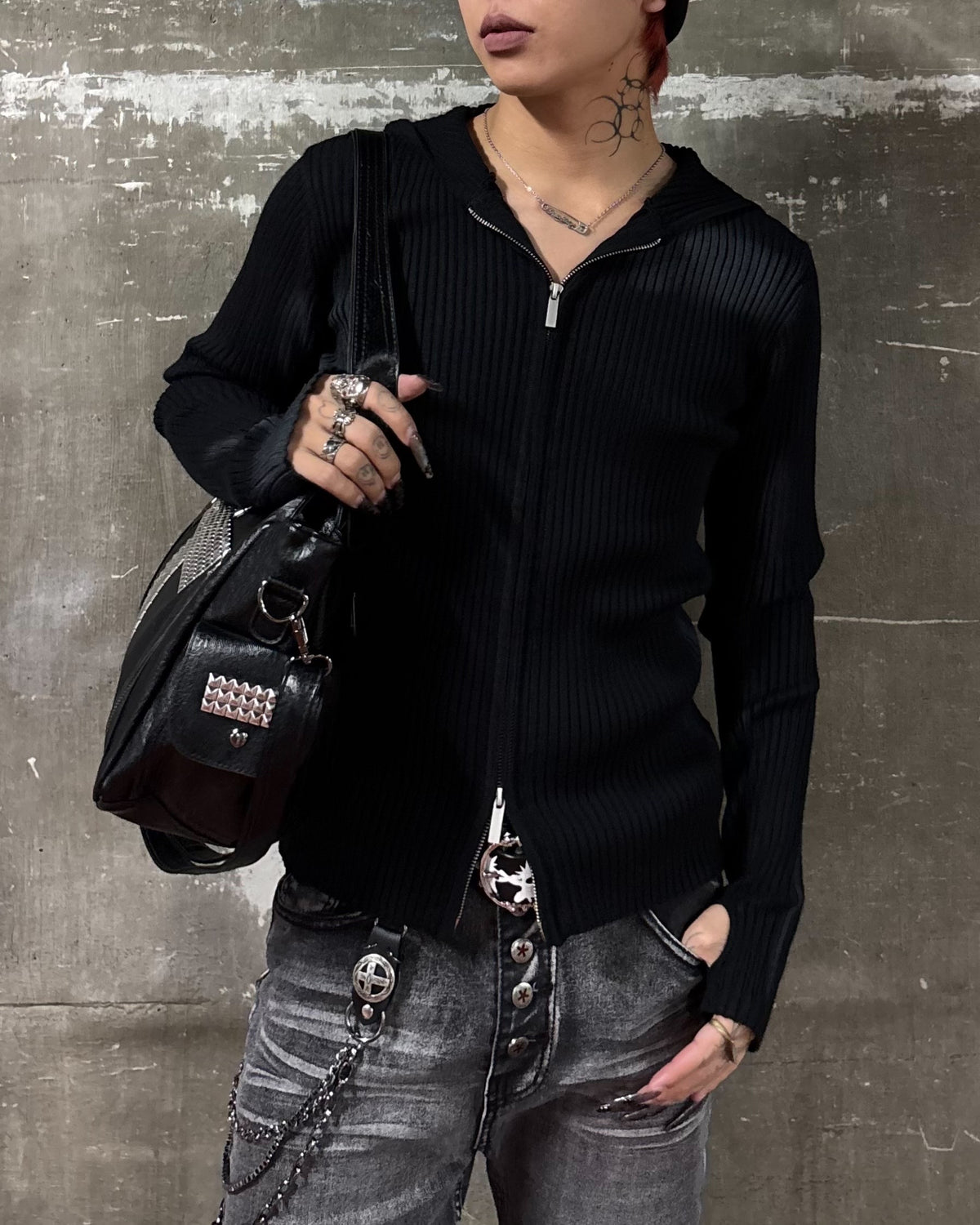 受注制【Never mind the XU】SPRAY WASH ZIP KNIT HOODIE (2color)