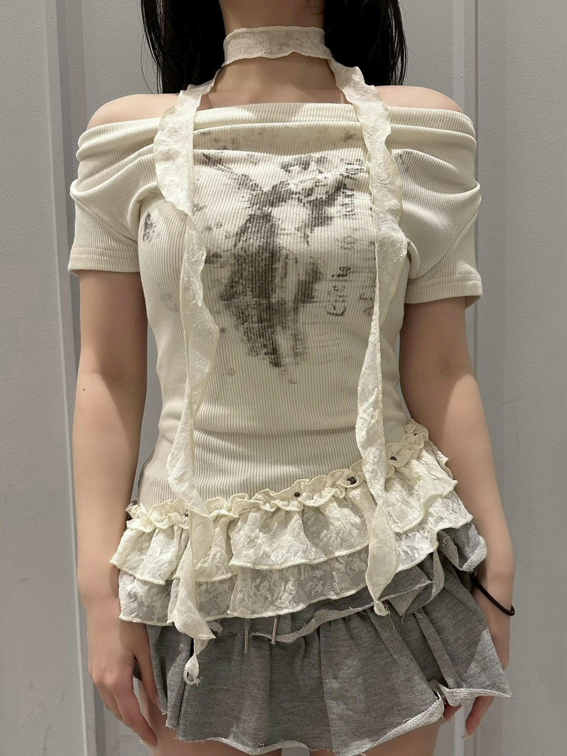 受注制【nmtc+】Drape Neck Frill Tee Scarf Set (3color)
