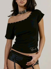 【EYEER】Hotfix One Shoulder Short Sleeve Top