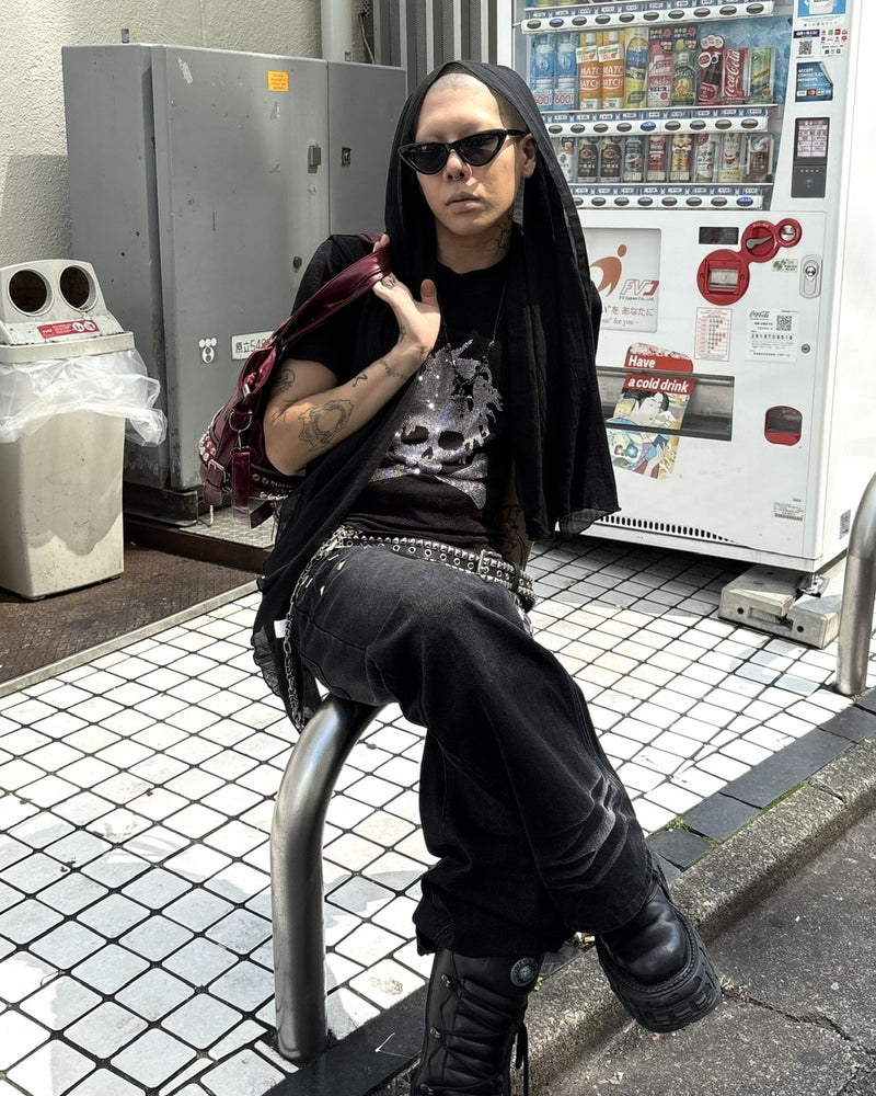 国際配送【Never mind the XU】studs washed wide denim pants (2color)