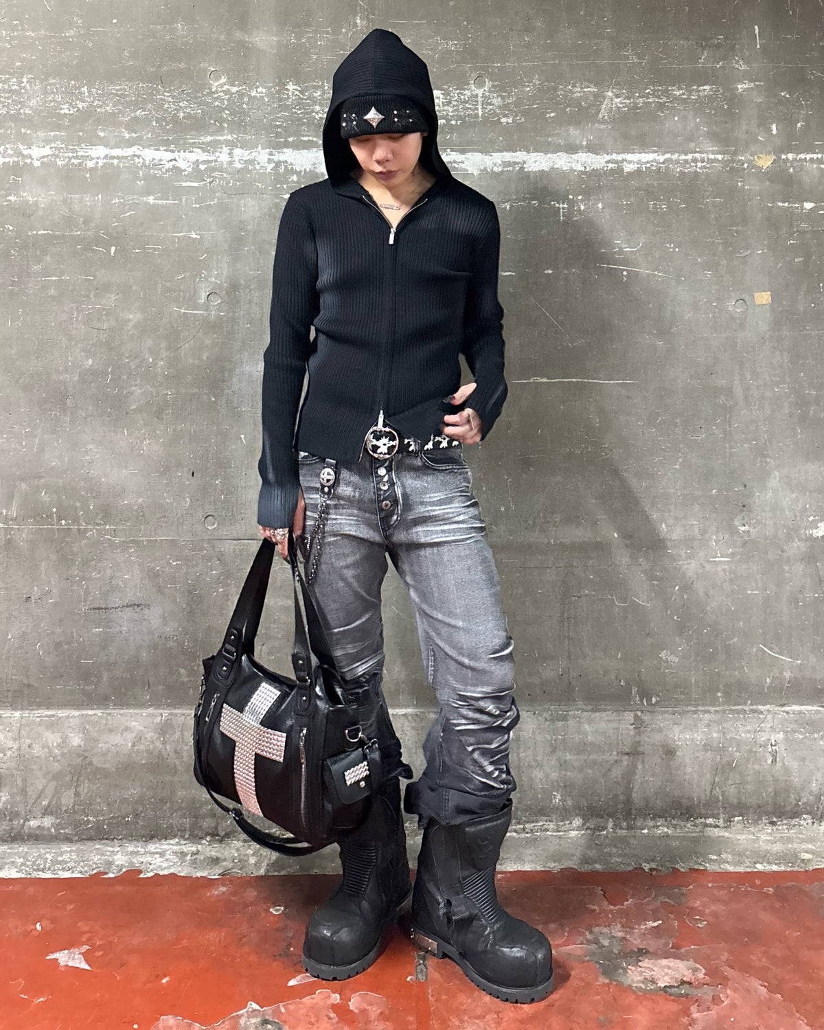 受注制【Never mind the XU】SPRAY WASH ZIP KNIT HOODIE (2color)