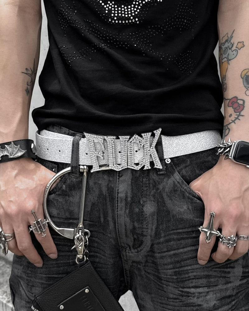 国際配送【Never mind the XU】rhinestone FUCK logo belt