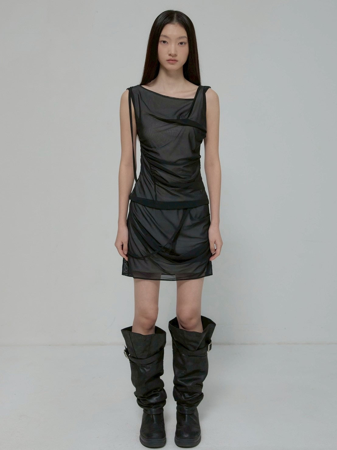 6/22 21:00発売【FLAREUP】Draped Mesh Layered Mini Skirt