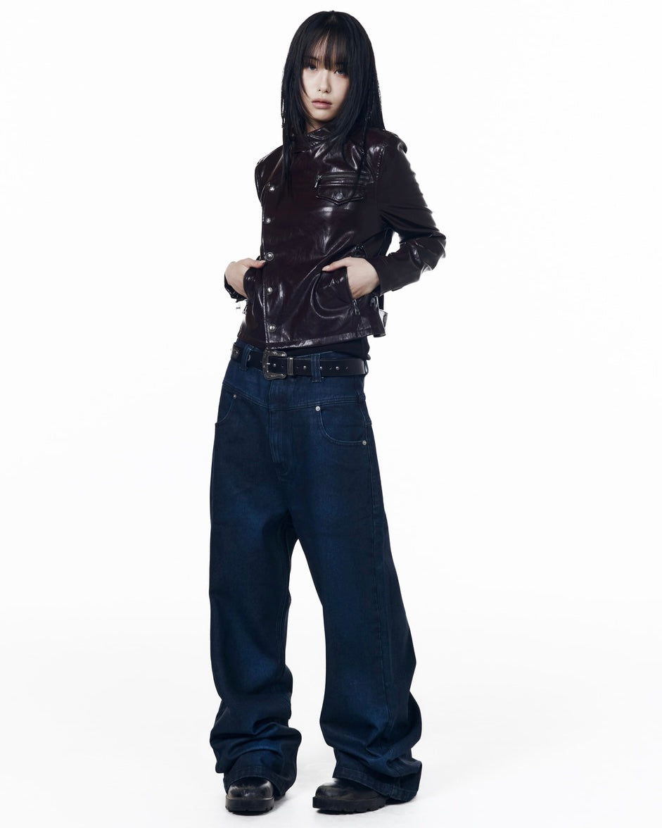 【AAKAM】Slant Studded Leather Jacket