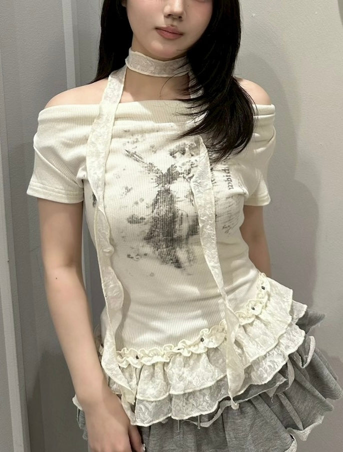 受注制【nmtc+】Drape Neck Frill Tee Scarf Set (3color)
