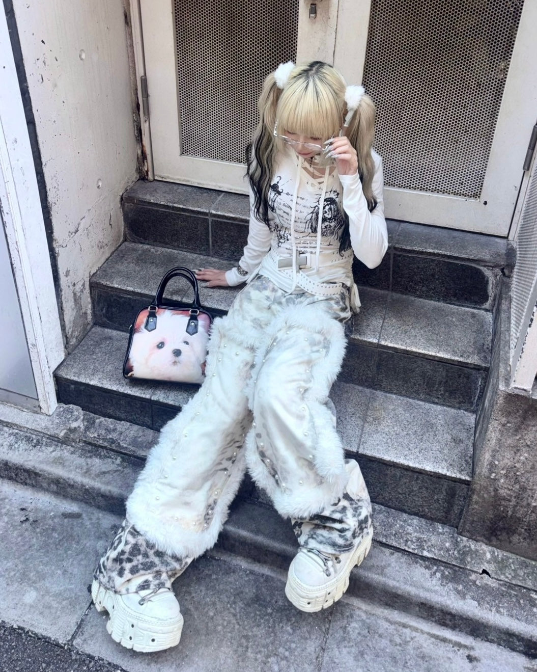 国際配送【BABY09】leopard fur patchwork pants