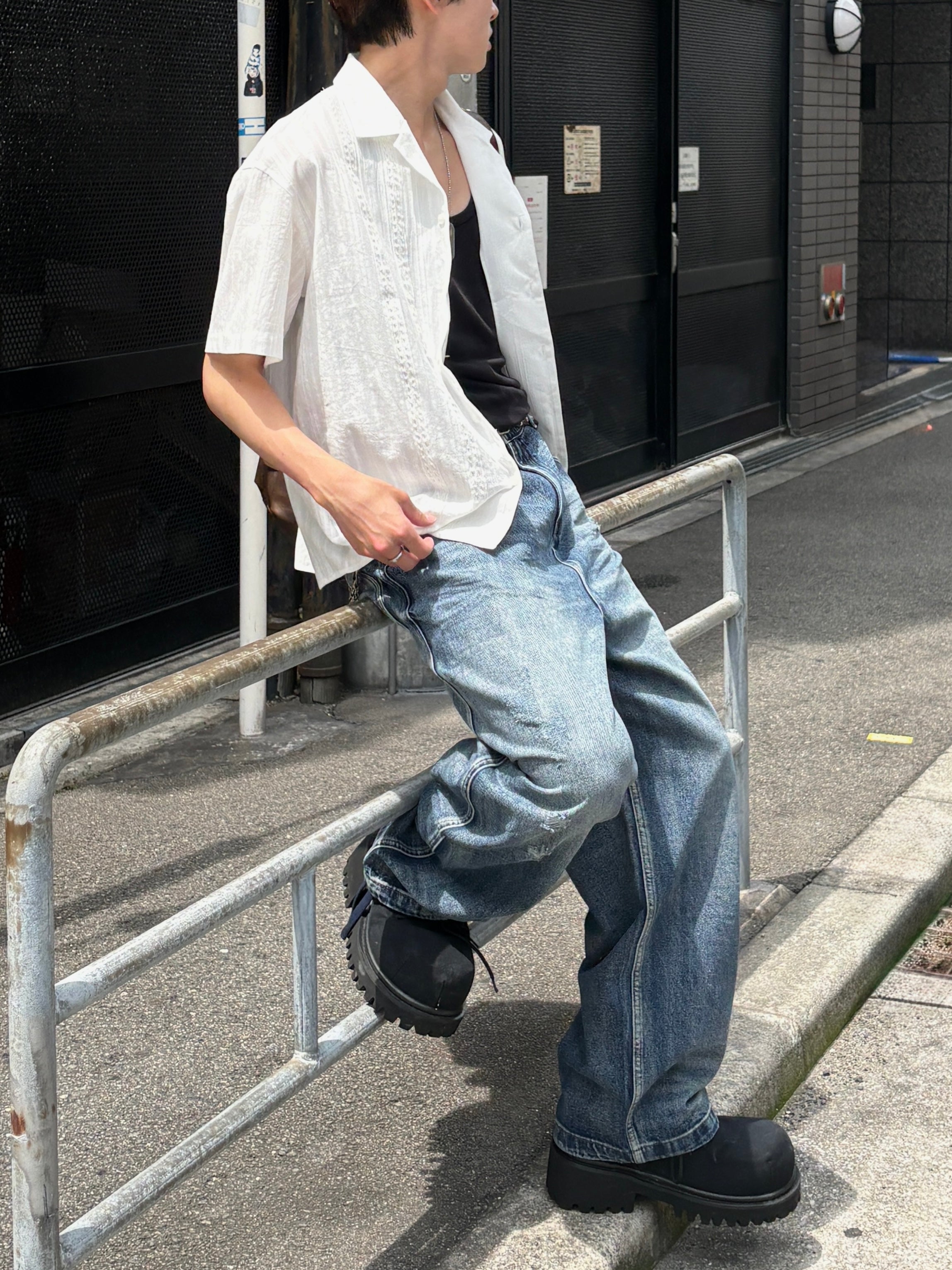 大阪店WEB限定受注制【Chikashitsu +】perforated open collar shirt (2color)