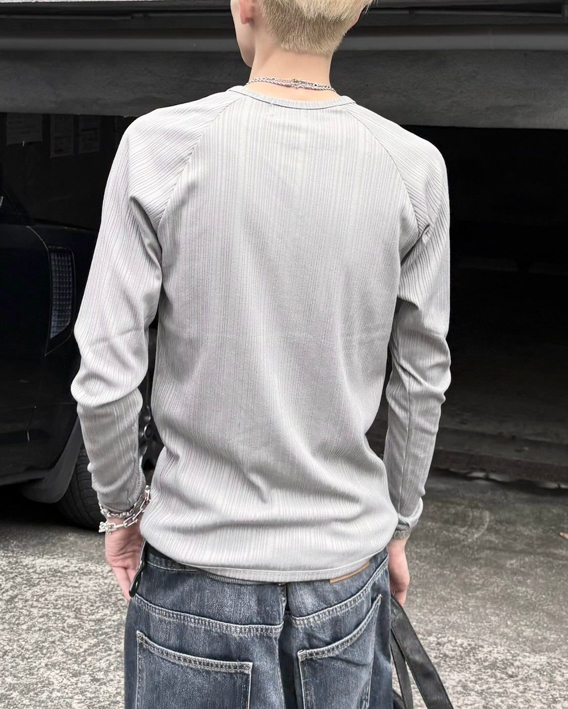 受注制【nmtc+】Snap henley neck ribbed slim top (4color)