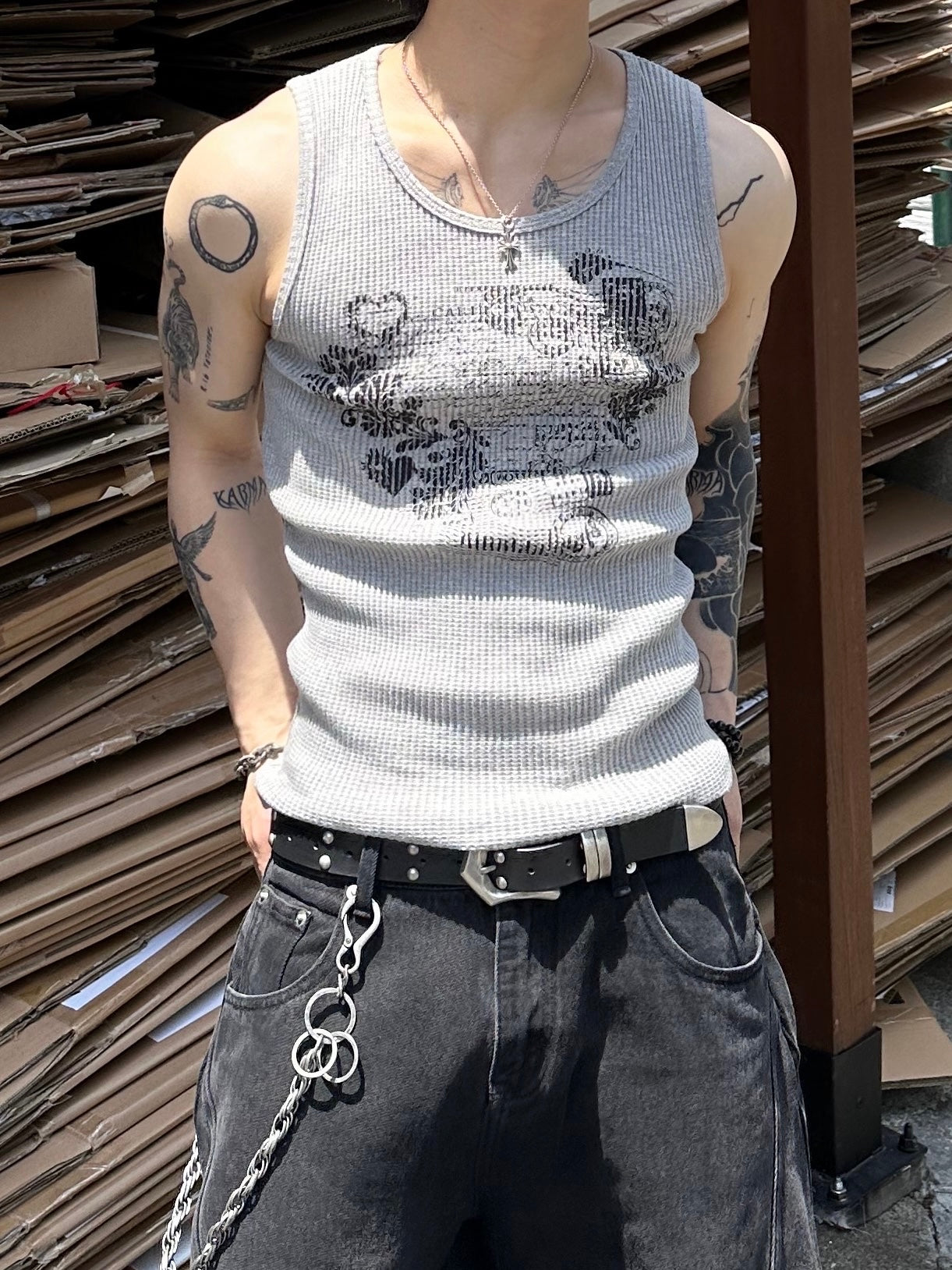 大阪店WEB限定受注制【Chikashitsu +】graphic waffle tank (2color)