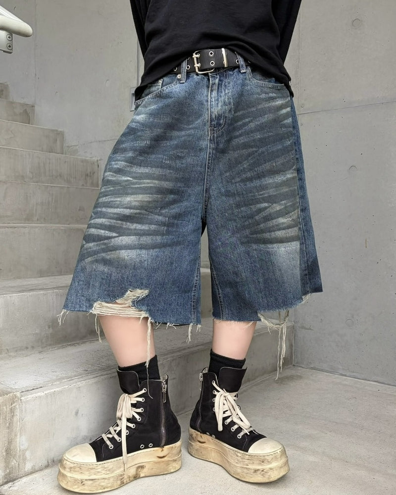 国際配送【LUV CODE】washed damage denim shorts