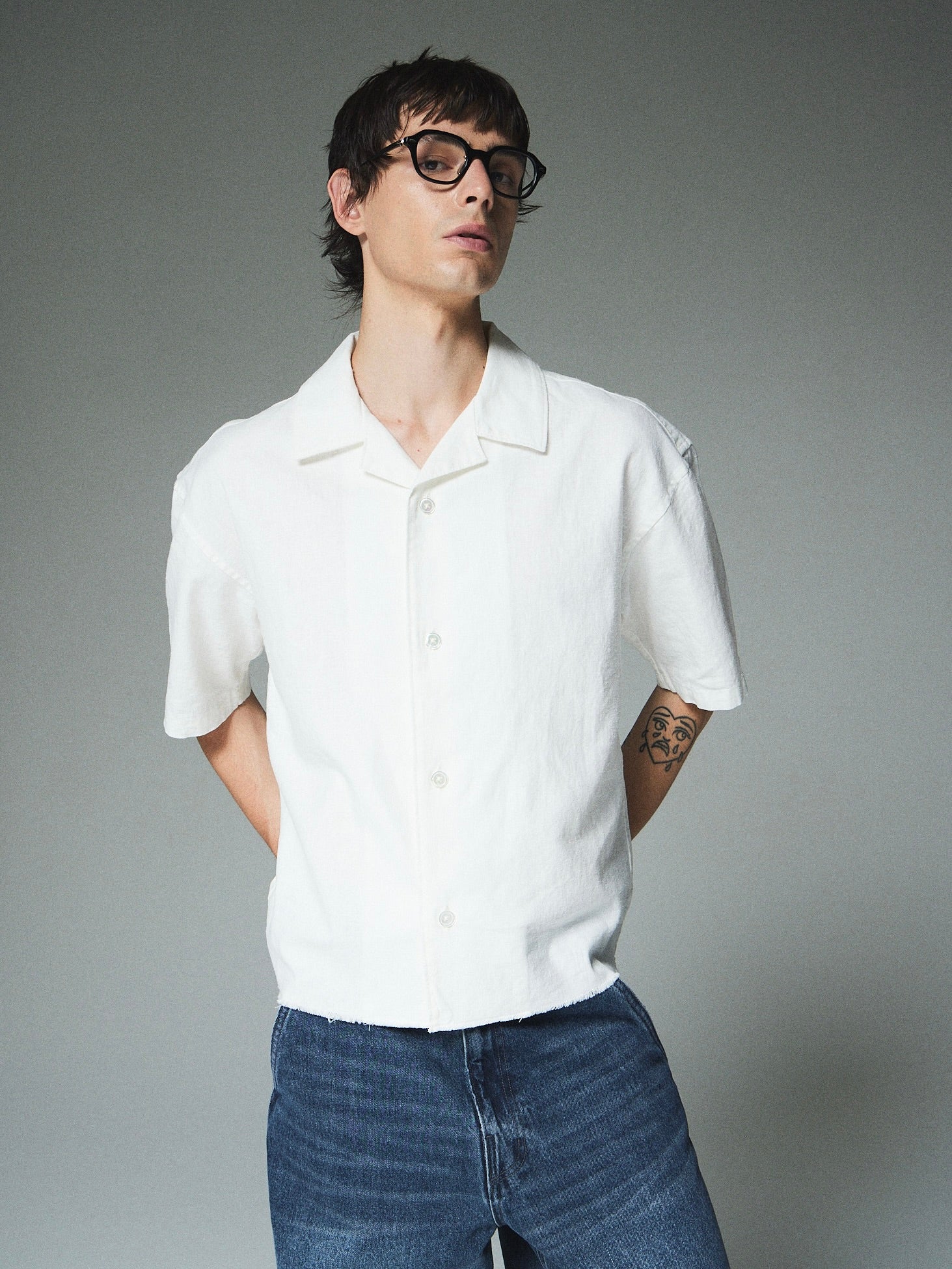 【CS】cut off linen open collar shirt