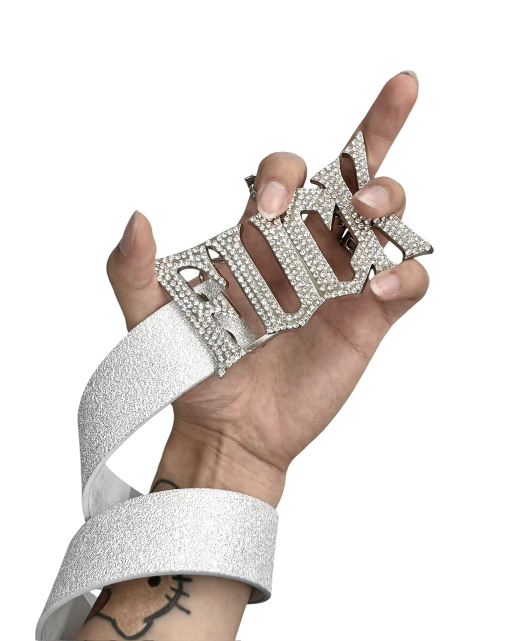 国際配送【Never mind the XU】rhinestone FUCK logo belt