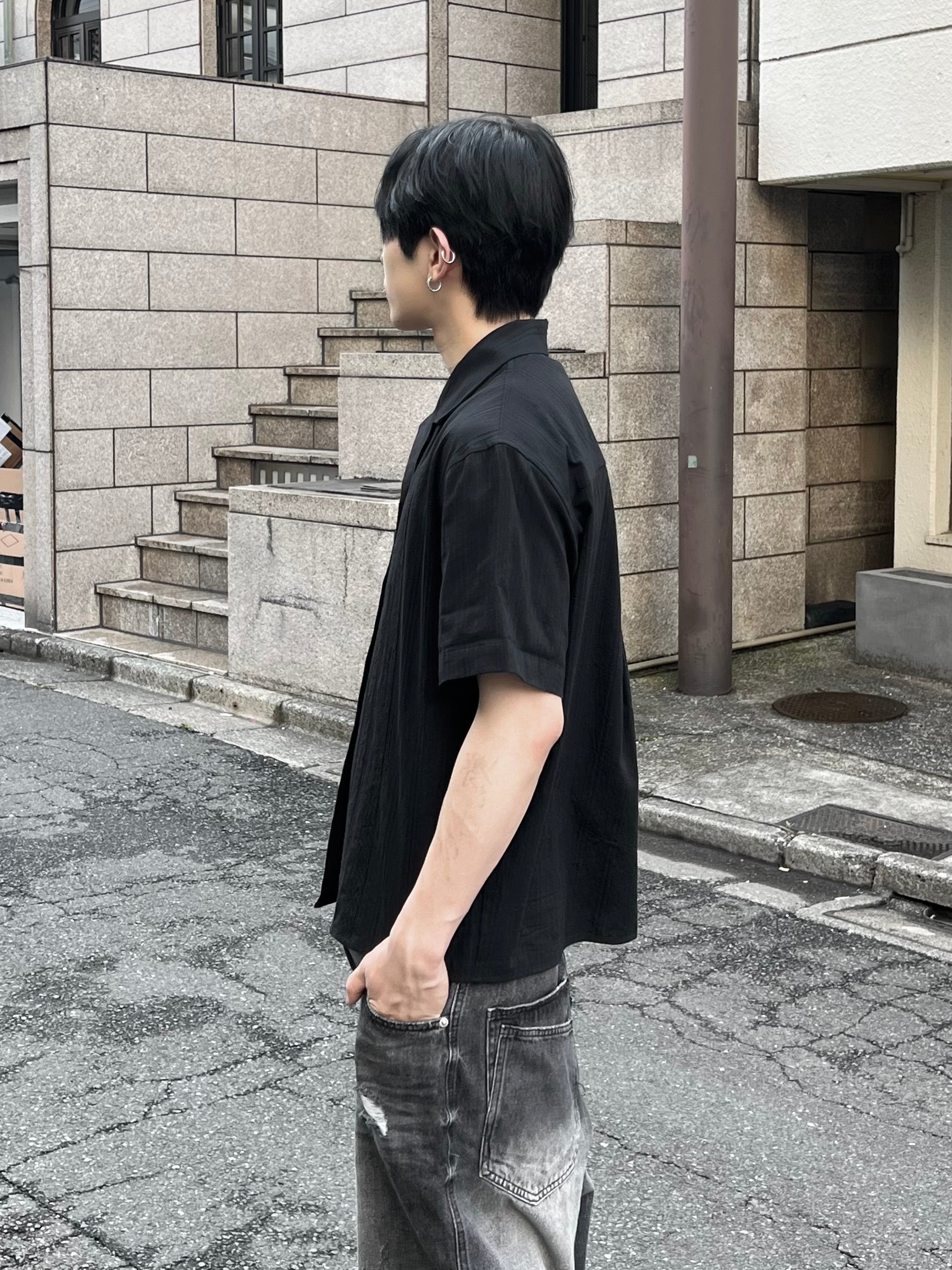 大阪店WEB限定受注制【Chikashitsu +】perforated open collar shirt (2color)