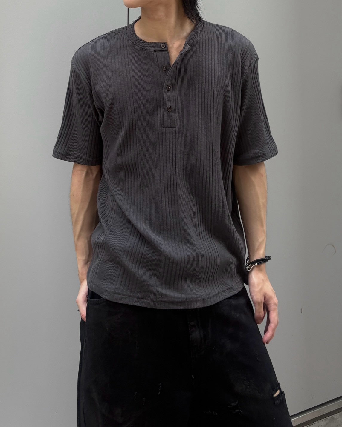受注制【nmtc+】Ribbed Henley Neck Tee (3color)