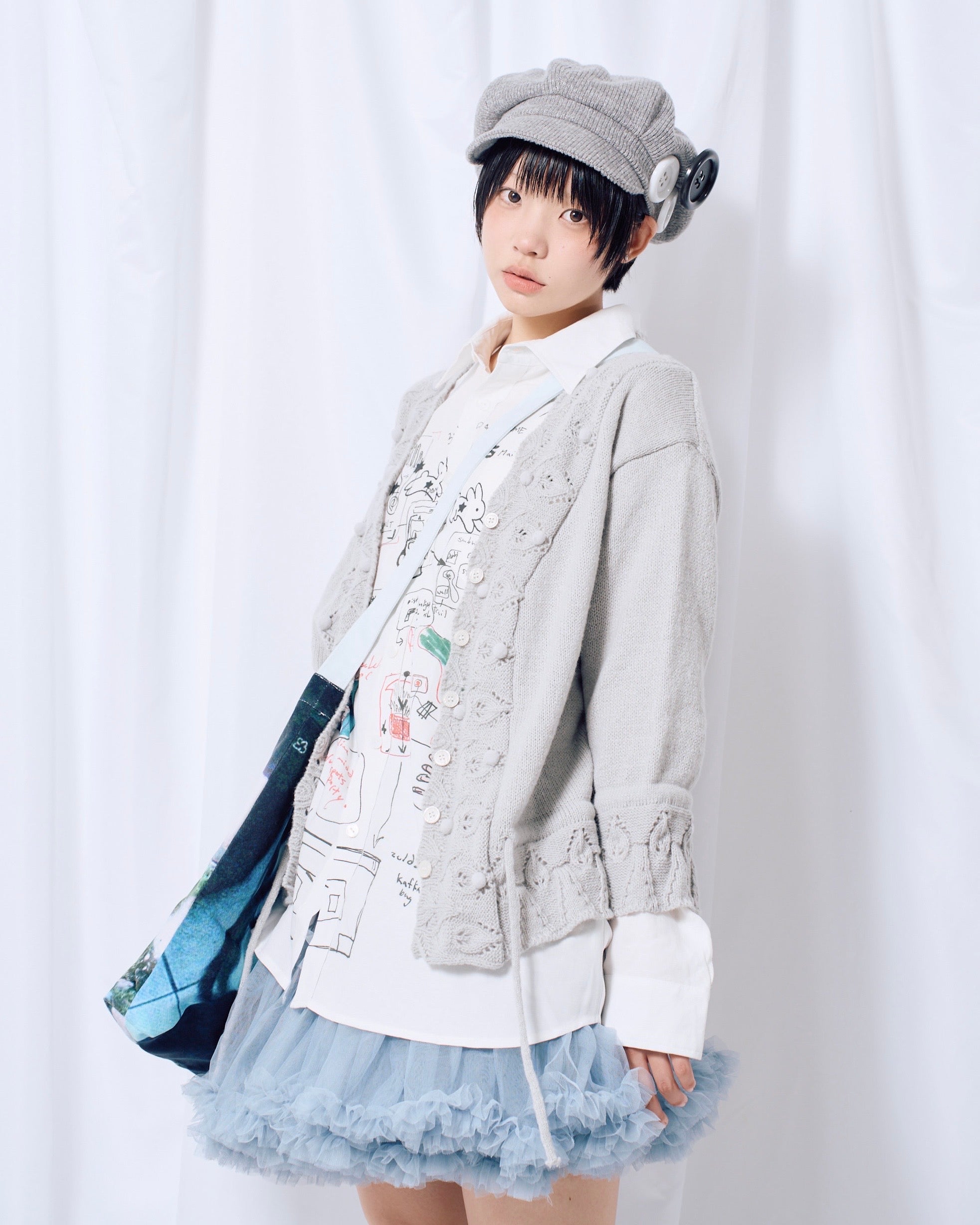 9/18 20:00 発売 国際配送【Nerd out XU】Cozy Vintage Gray Bubble Knit cardigan