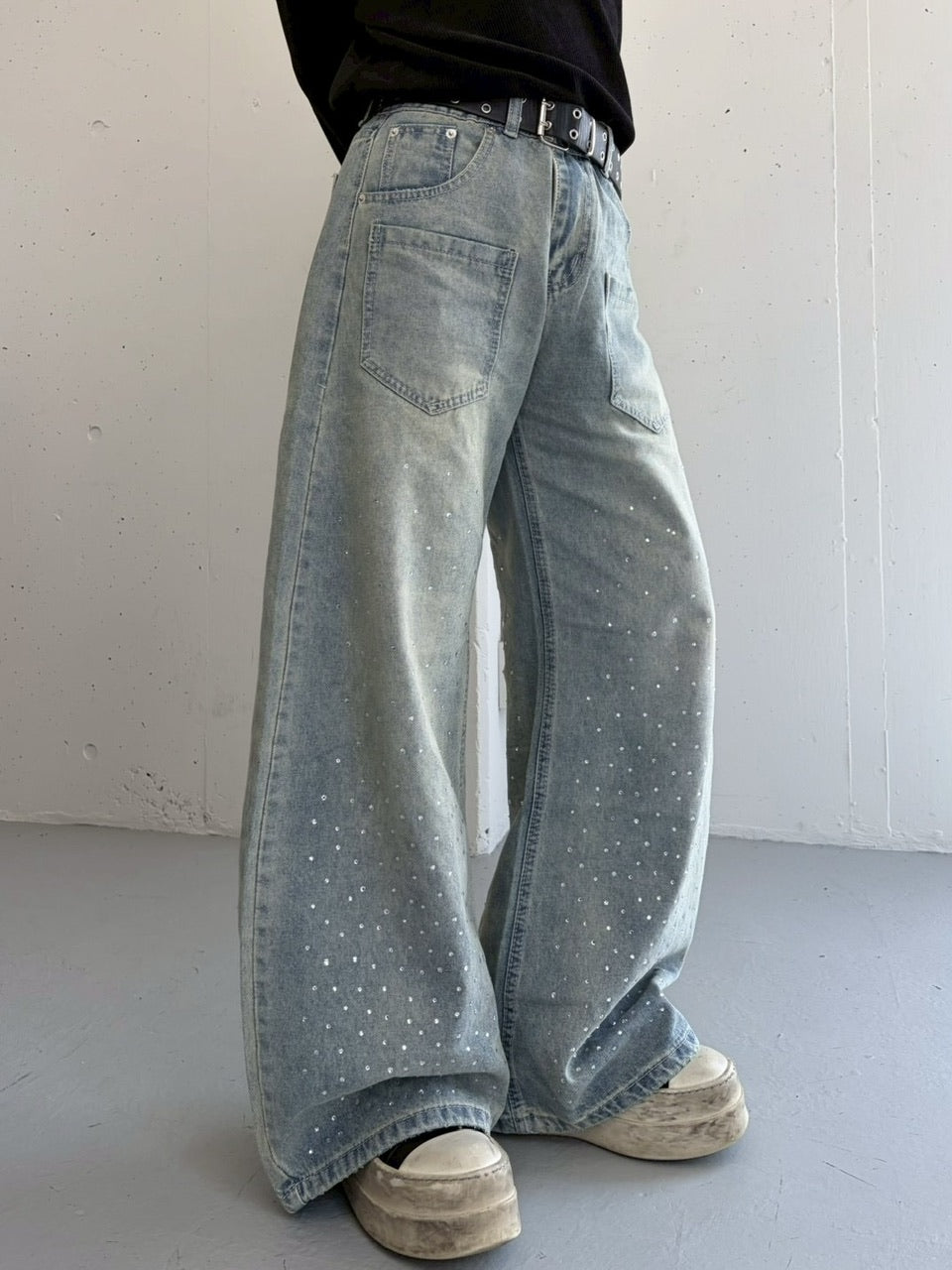 国際配送【LUV CODE】rhinestone wide denim pants (2color)