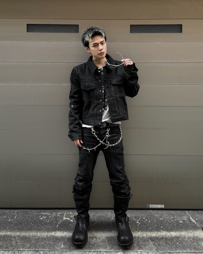 国際配送【Never mind the XU】Waxed Damage Cropped Denim Jacket