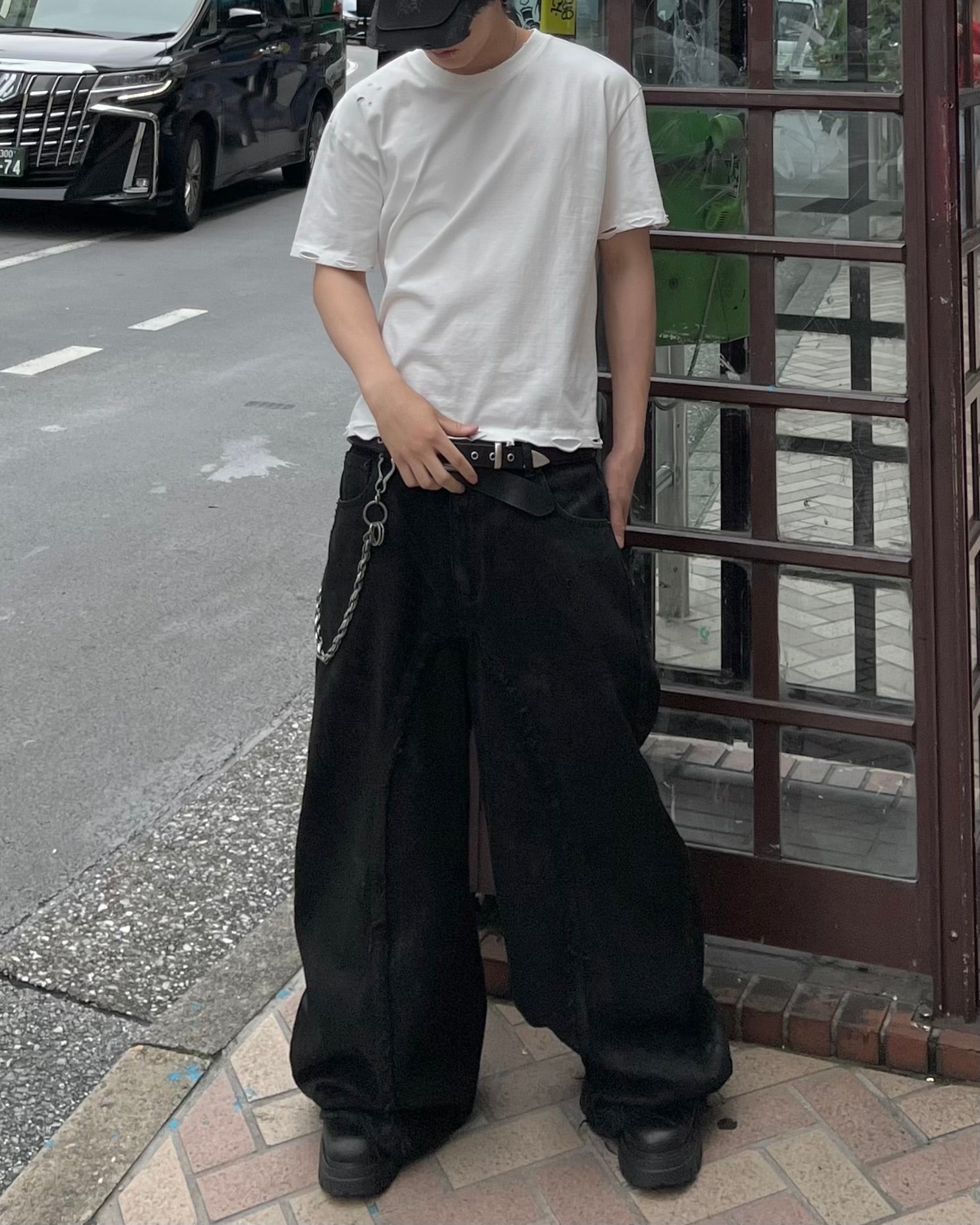 大阪店WEB限定受注制【Chikashitsu +】grunge damage crop t-shirt (3color)