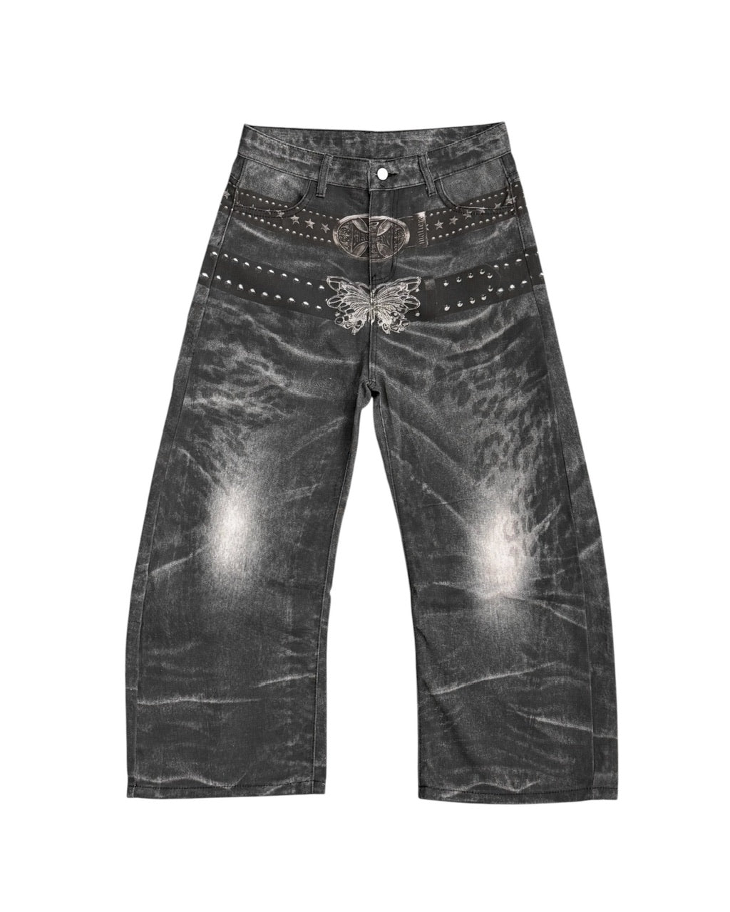 国際配送【Never mind the XU】belt print wide curved denim Pants
