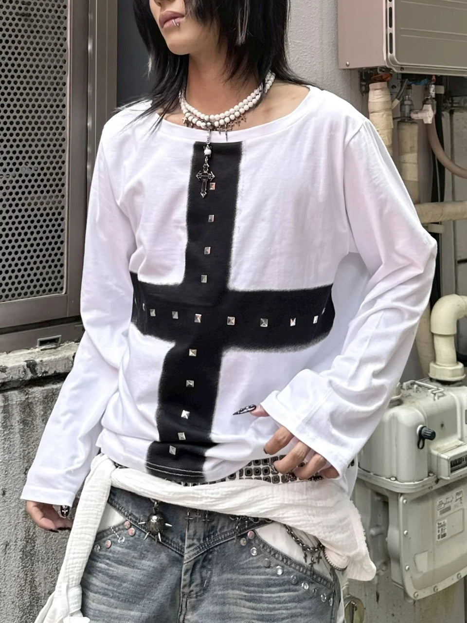 受注制【Never mind the XU】cross print long sleeve (2color)