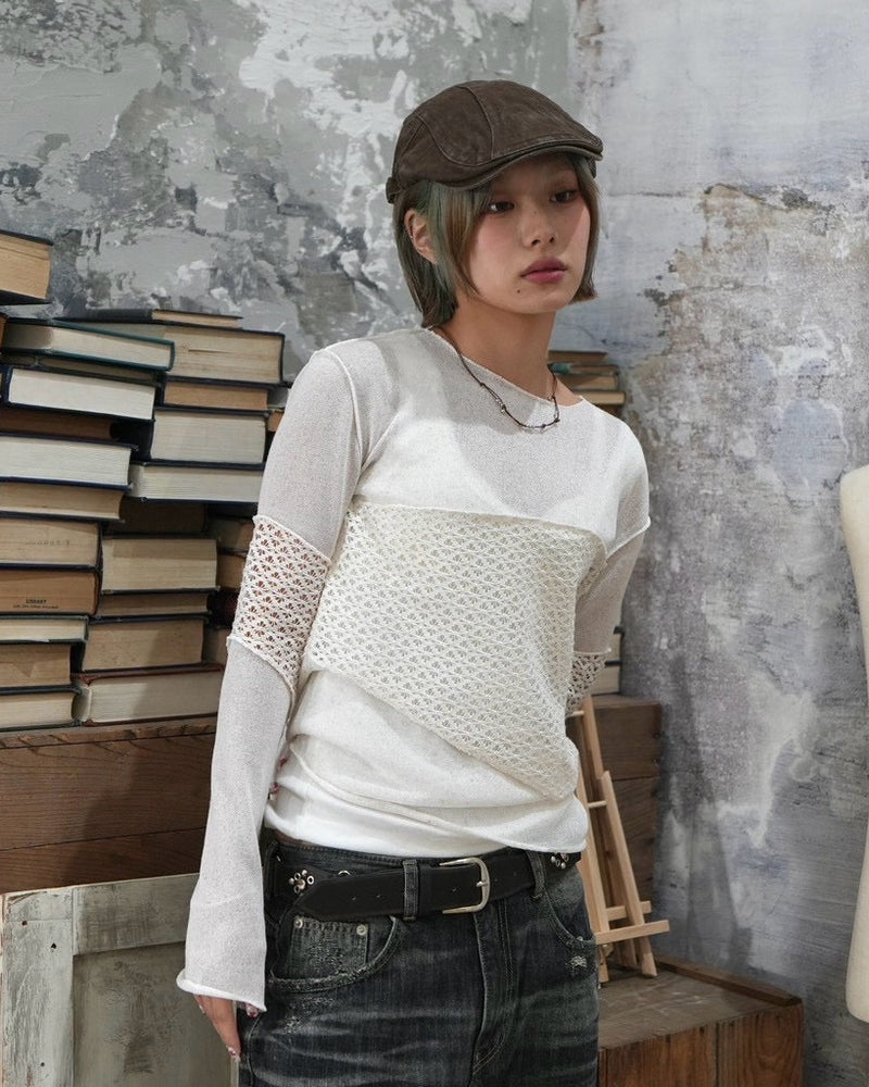 受注制【OaKS】mesh patchwork sheer knit (2color)